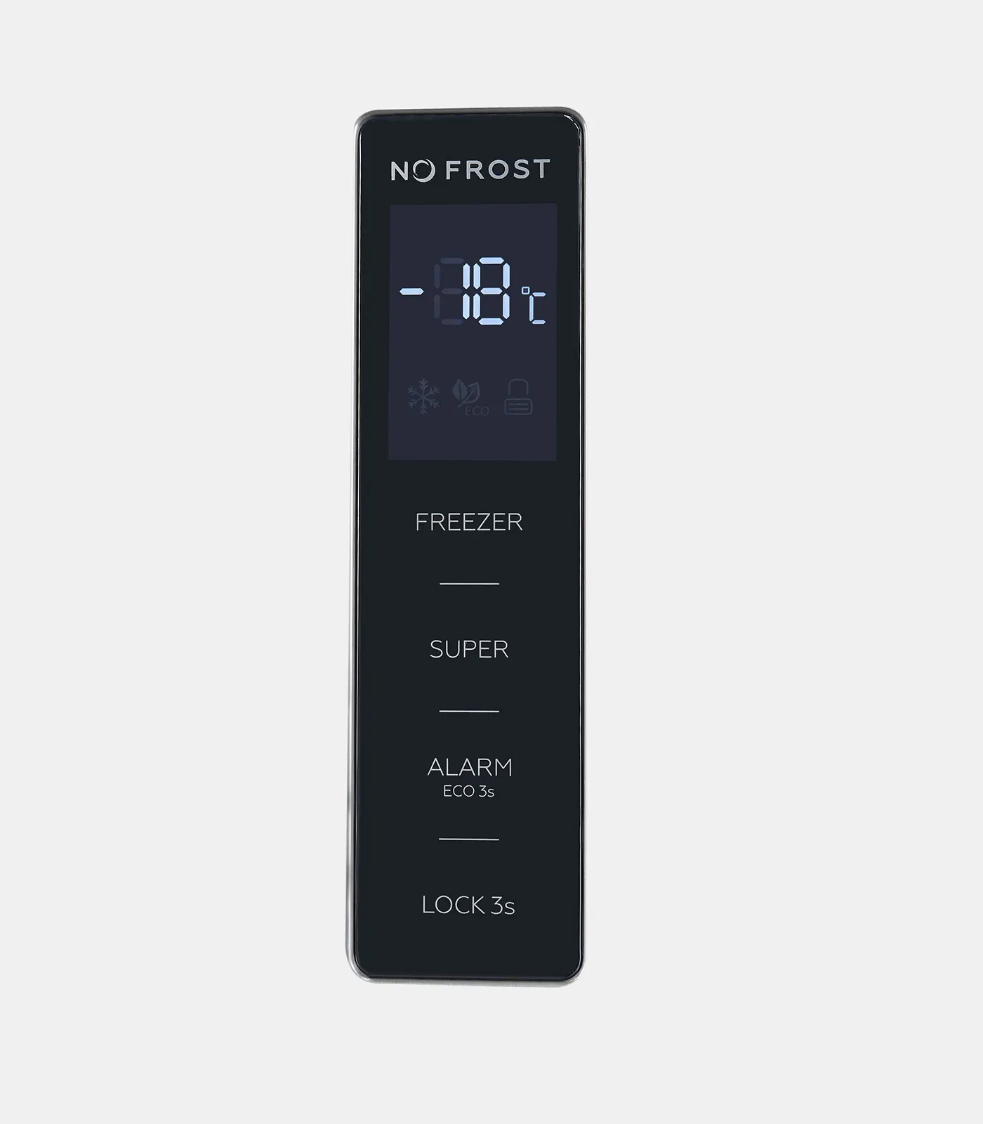 Ein schwarzes No-Frost-Gefrierschrank-Bedienfeld zeigt die Temperatur -18°C und Touch-Tasten.