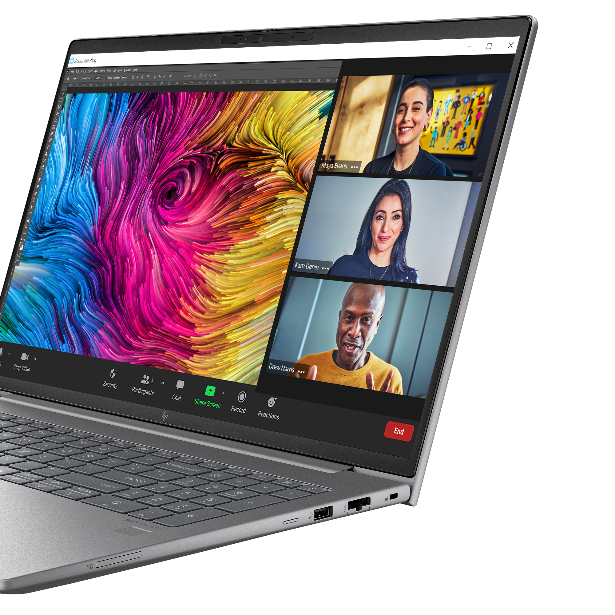 Laptop zeigt eine Zoom-Konferenz mit drei Personen und einem bunten Bild auf dem Bildschirm.