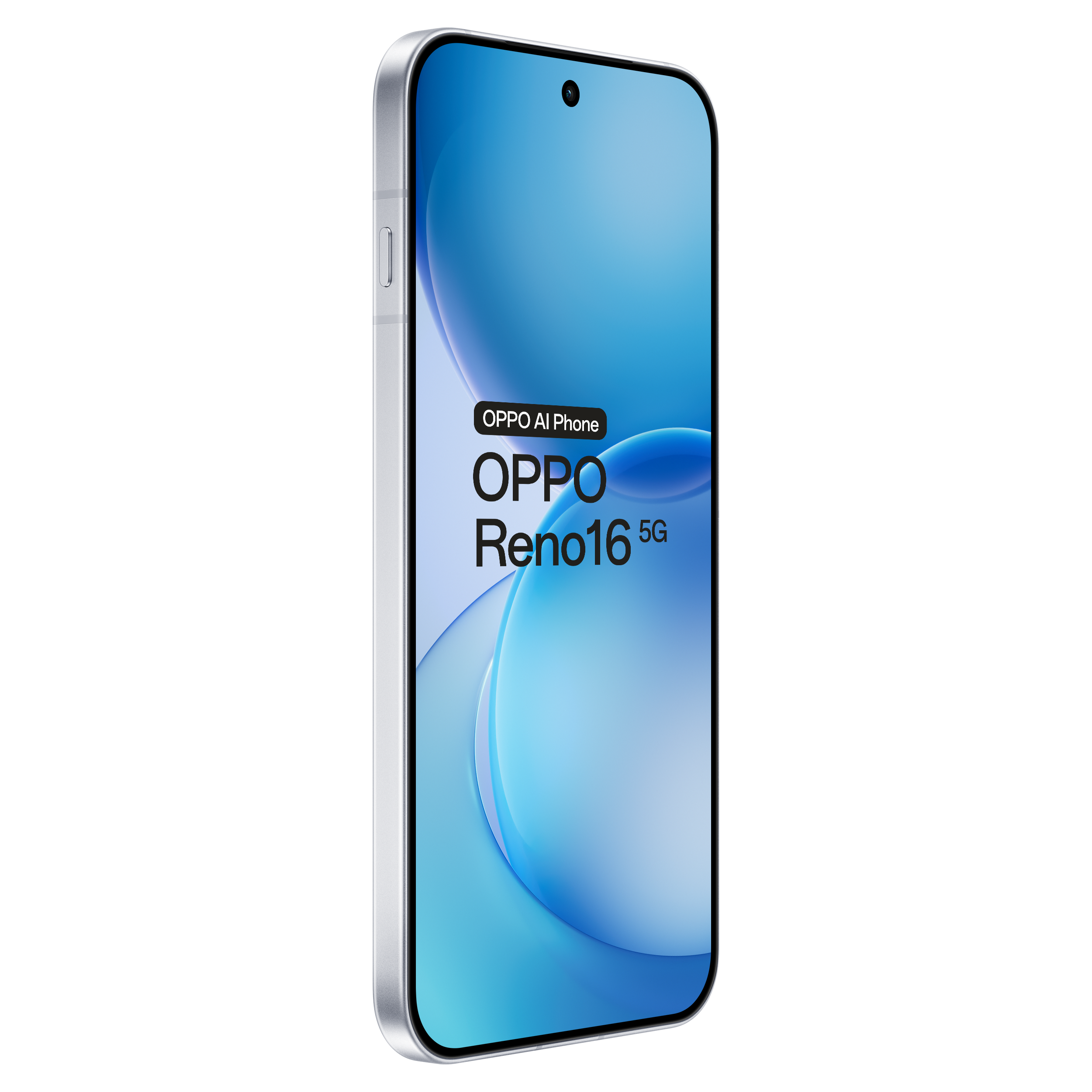 Un smartphone blanco OPPO Reno16 5G sobre fondo negro con pantalla azul y texto.