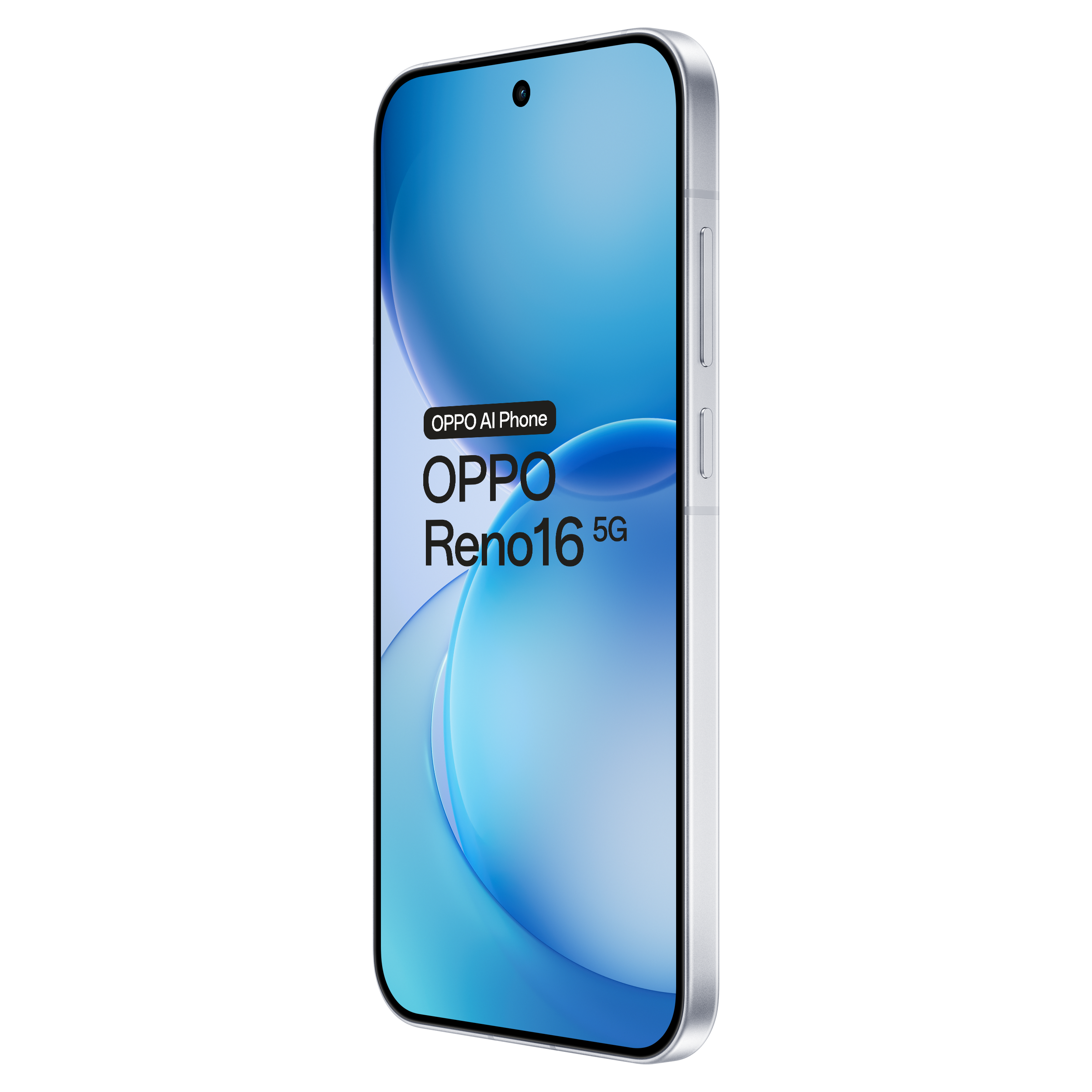 Un smartphone plateado OPPO Reno16 5G sobre fondo negro con pantalla azul.