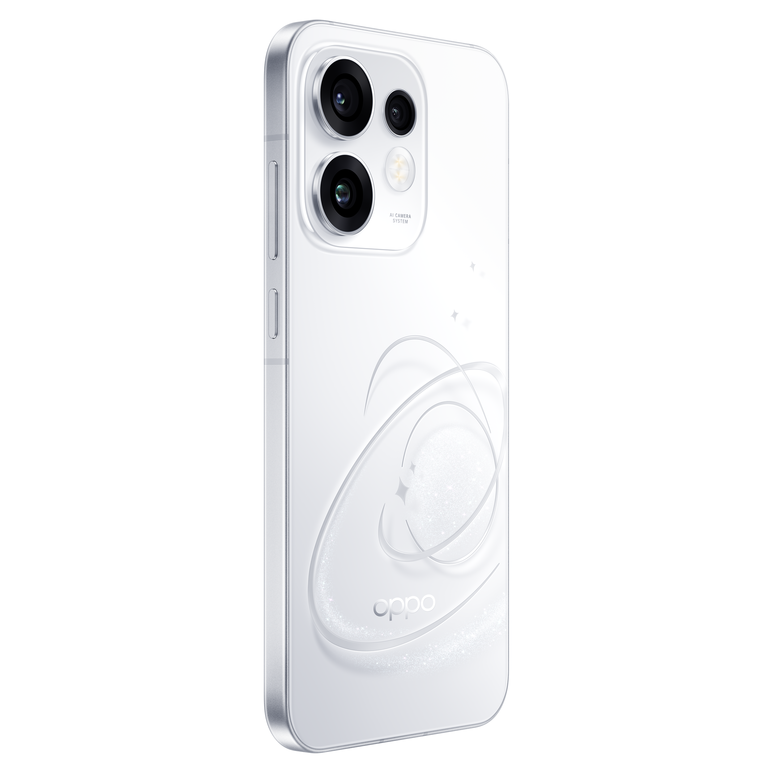 Parte trasera de un smartphone Oppo blanco con triple cámara y un elegante diseño de purpurina.