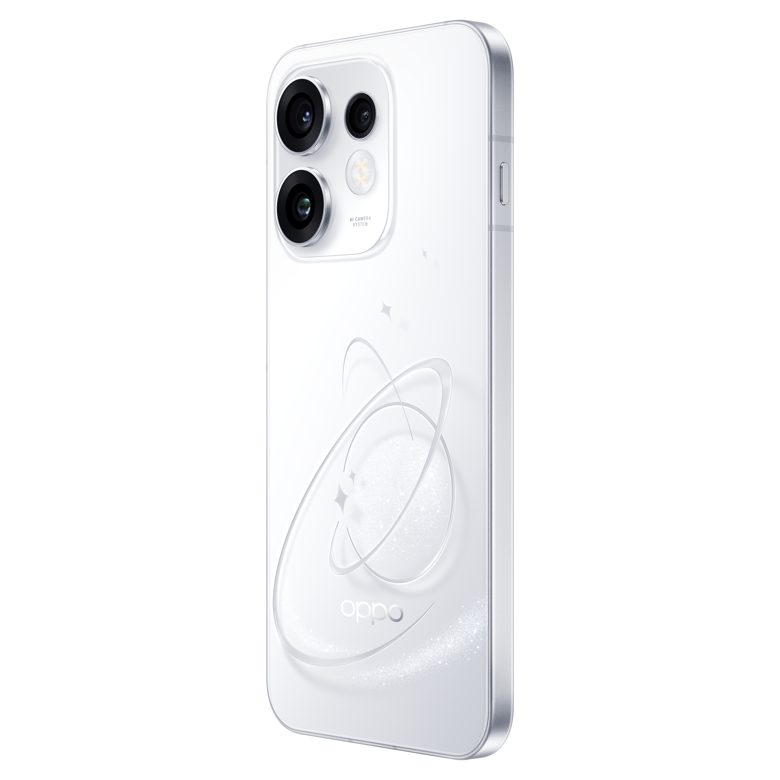 Parte trasera de un smartphone Oppo blanco con dos cámaras, sistema de IA y diseño de anillos celestes sobre fondo negro.