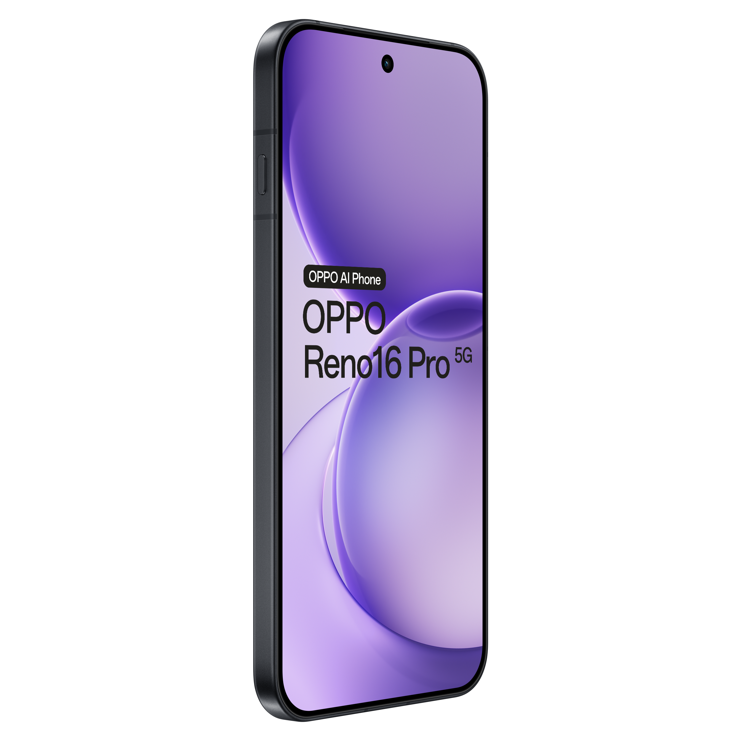 Uno smartphone nero Oppo Reno16 Pro 5G su sfondo nero, con uno sfondo viola astratto e il testo del marchio.