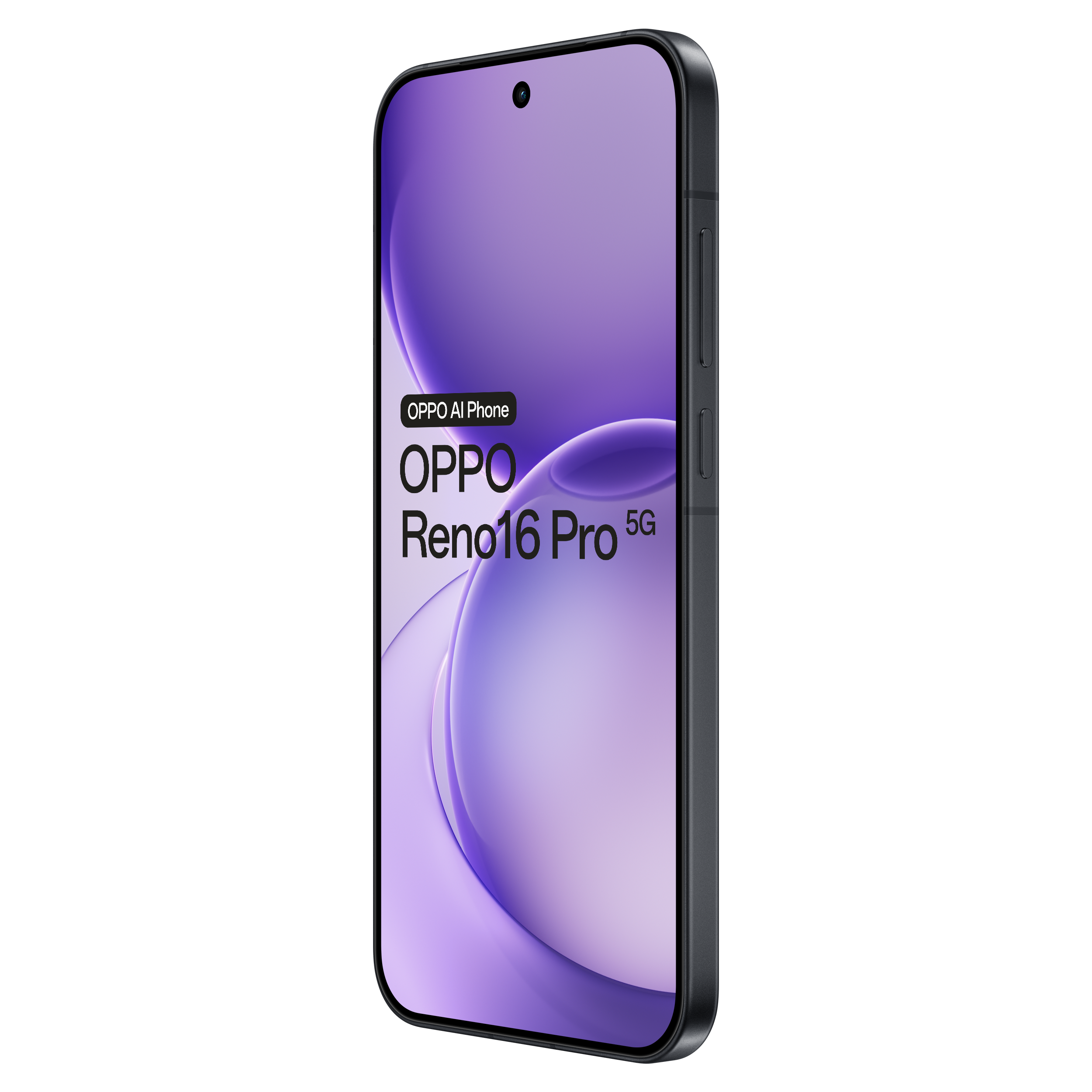 Smartphone Oppo Reno16 Pro 5G in profilo a tre quarti con schermo viola su sfondo nero.