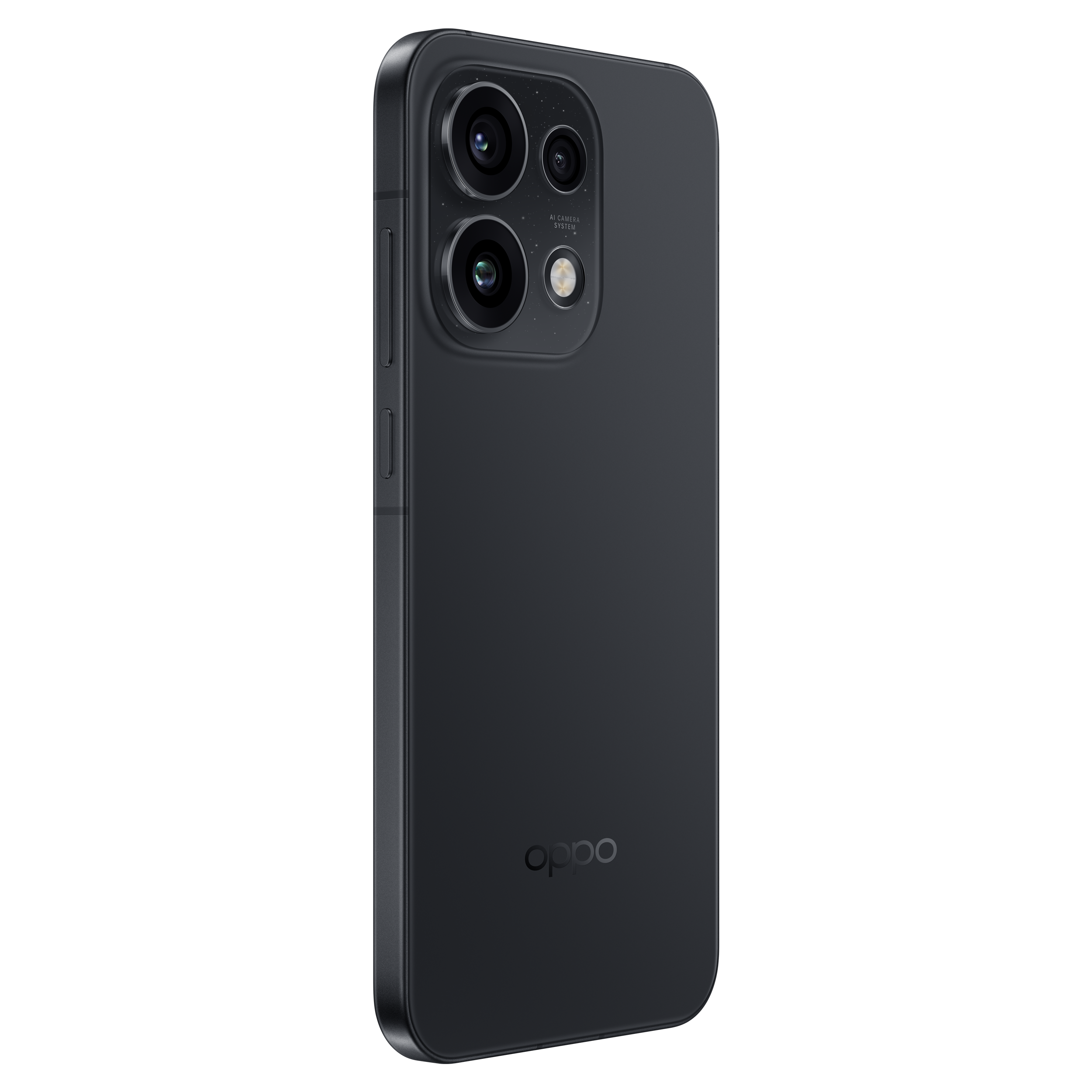 Vista posteriore di uno smartphone Oppo nero con modulo fotocamera quadrato e logo Oppo su sfondo nero.