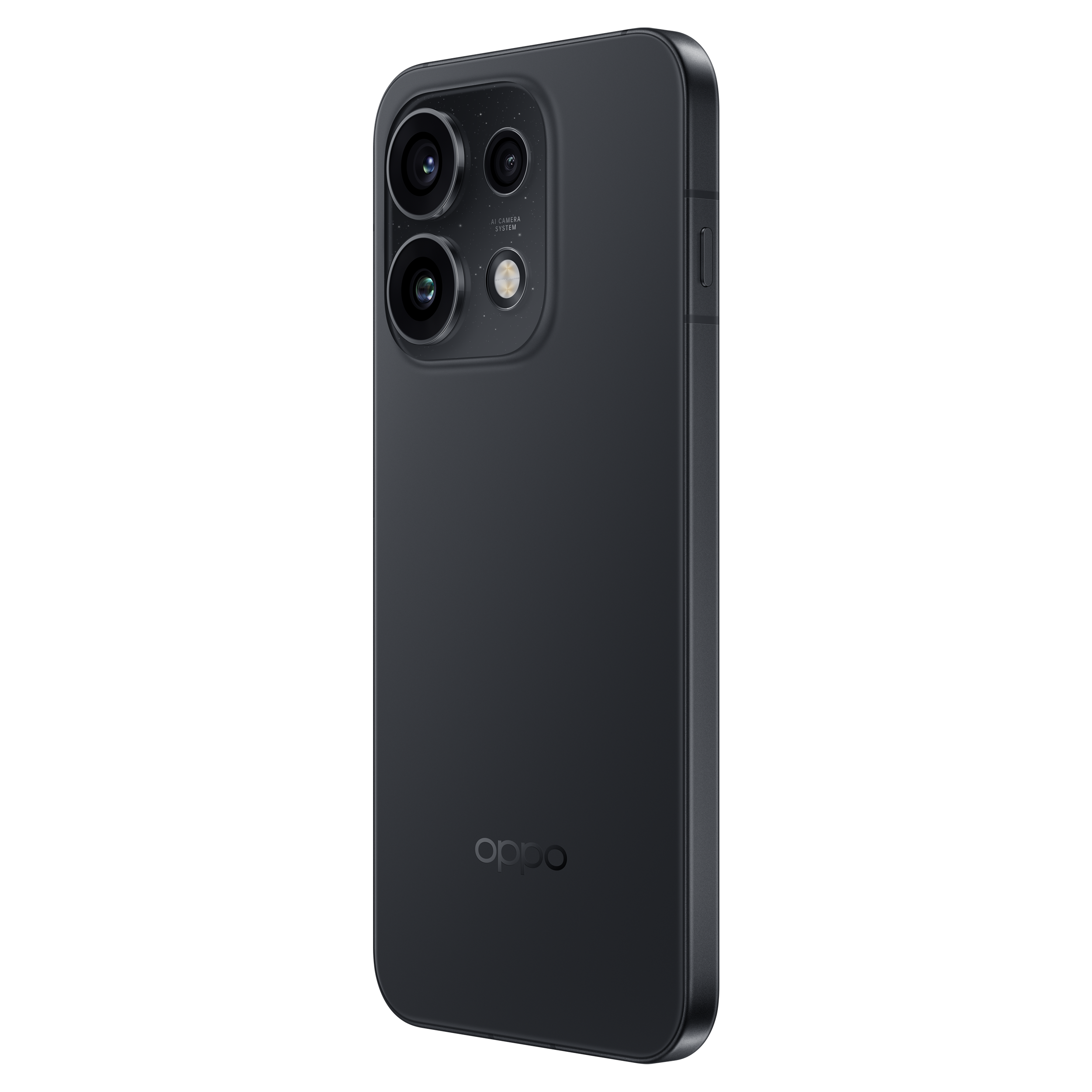 Retro di uno smartphone Oppo nero con modulo fotocamera rettangolare su sfondo nero.