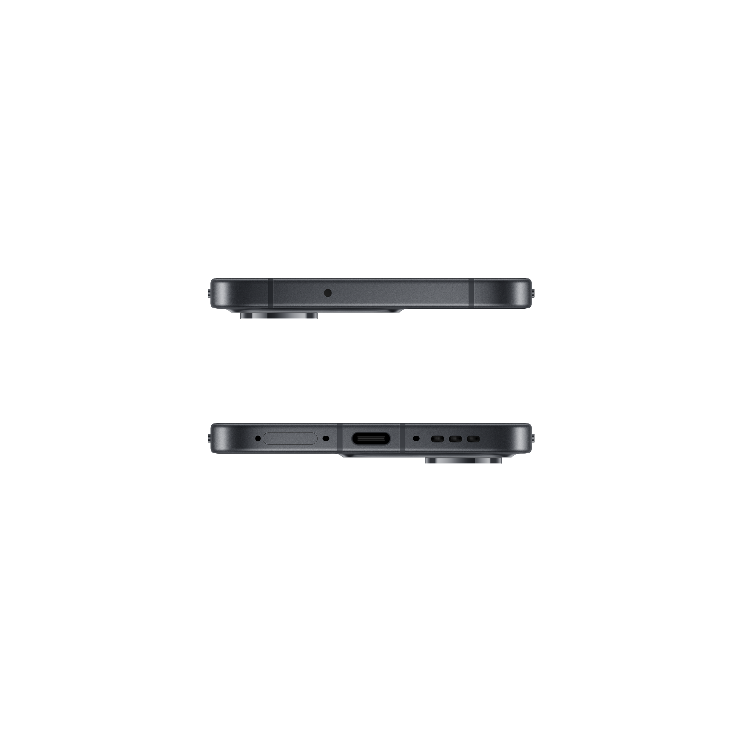 Top and bottom edges of a dark smartphone, showing ports, speakers, and microphone on a black background.