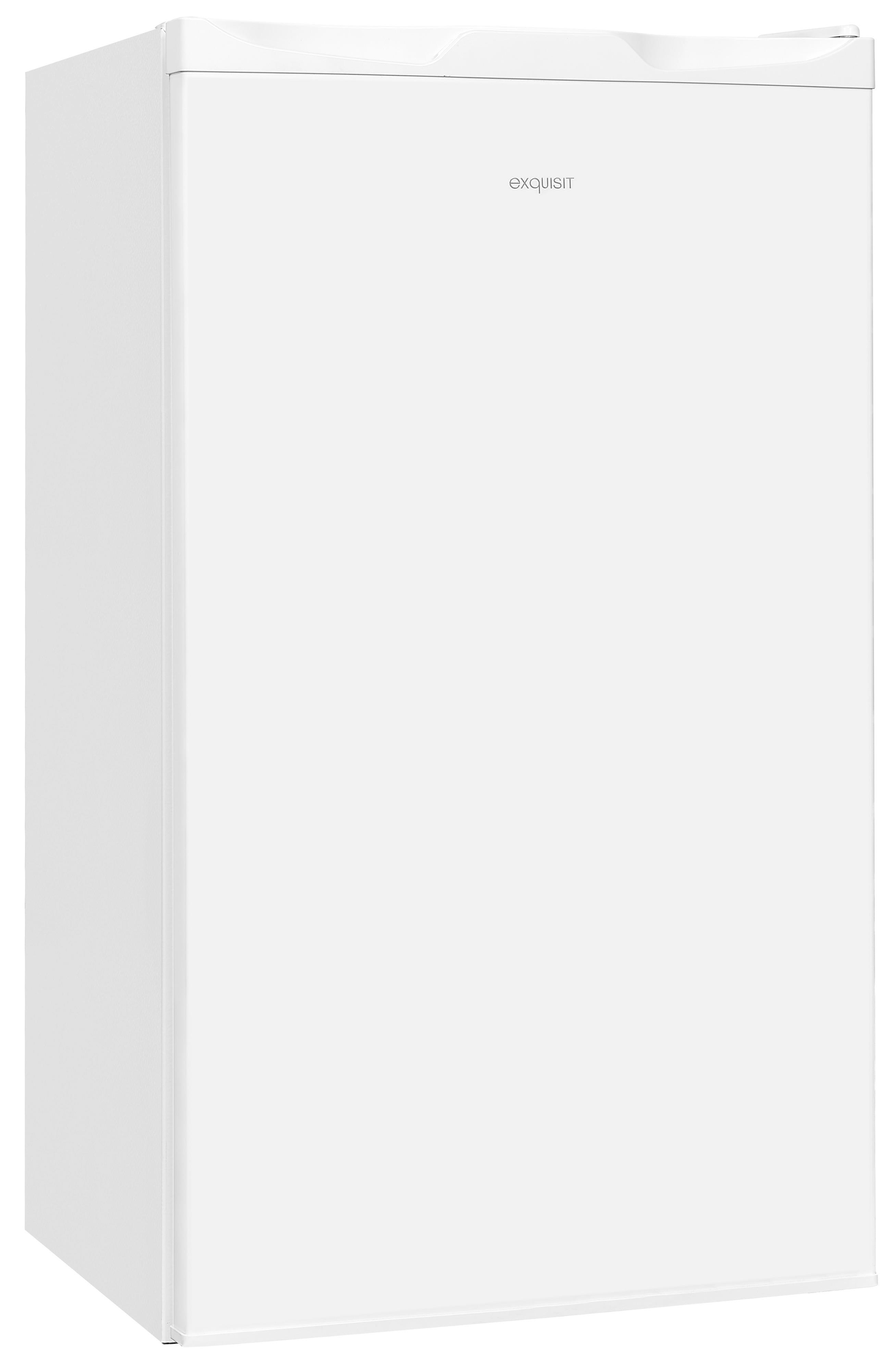 Ein kleiner, weißer Kühlschrank mit geschlossener Tür und dem Markennamen Exquisit auf weißem Hintergrund.