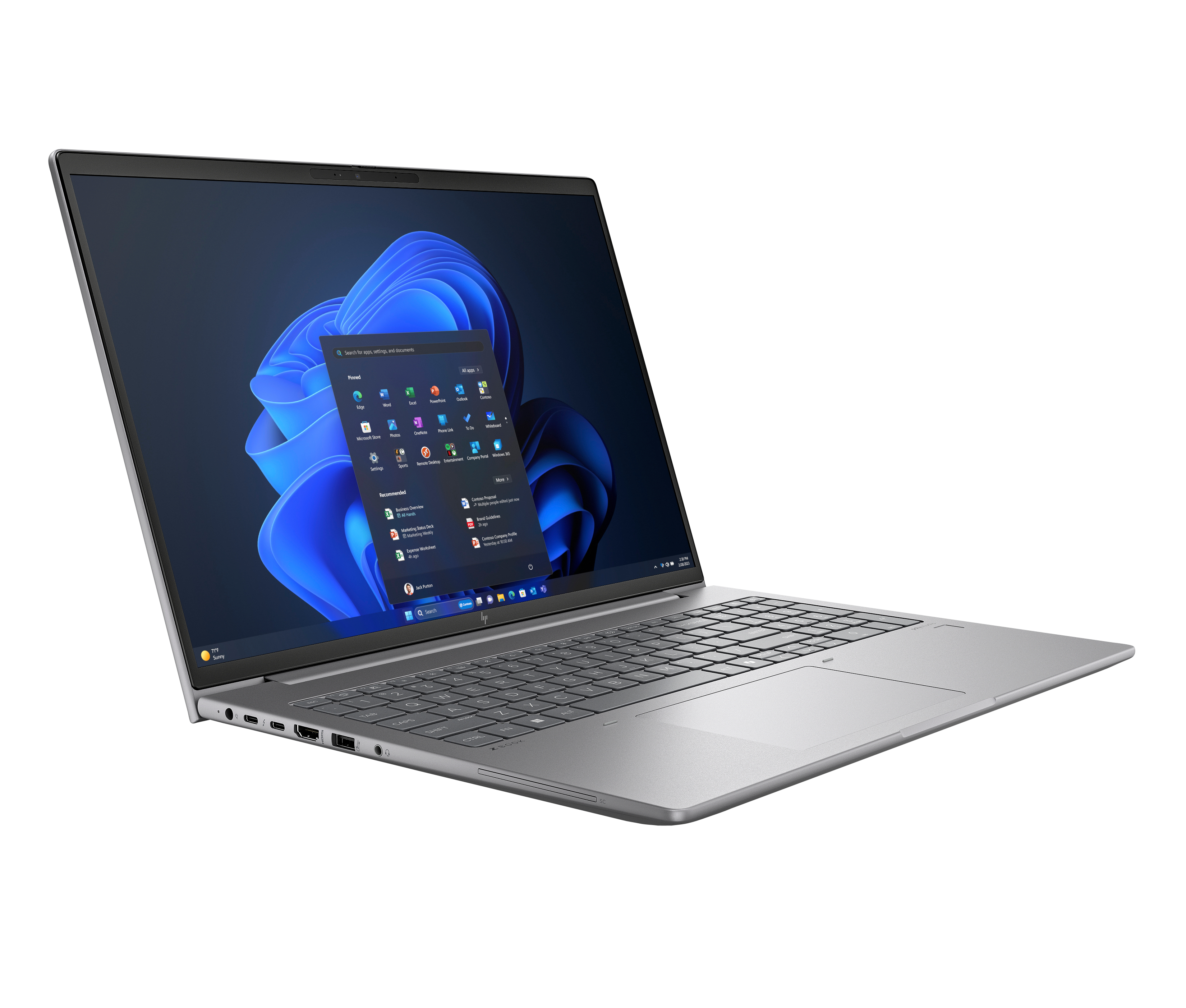 Un portátil plateado con pantalla azul y menú de inicio abierto sobre fondo blanco.