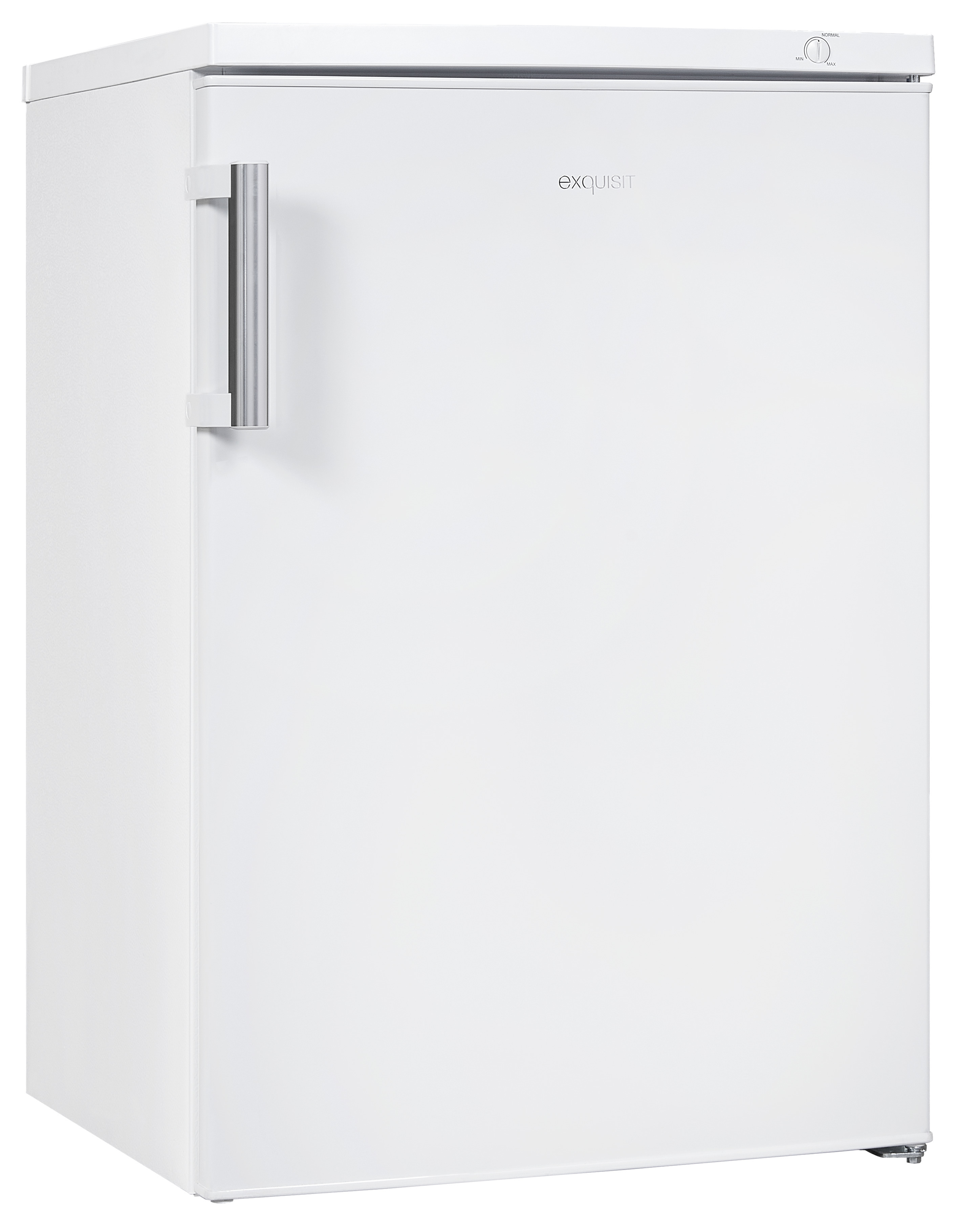 Ein kompakter weißer Exquisit-Kühlschrank mit silbernem Griff und Temperaturregler oben.