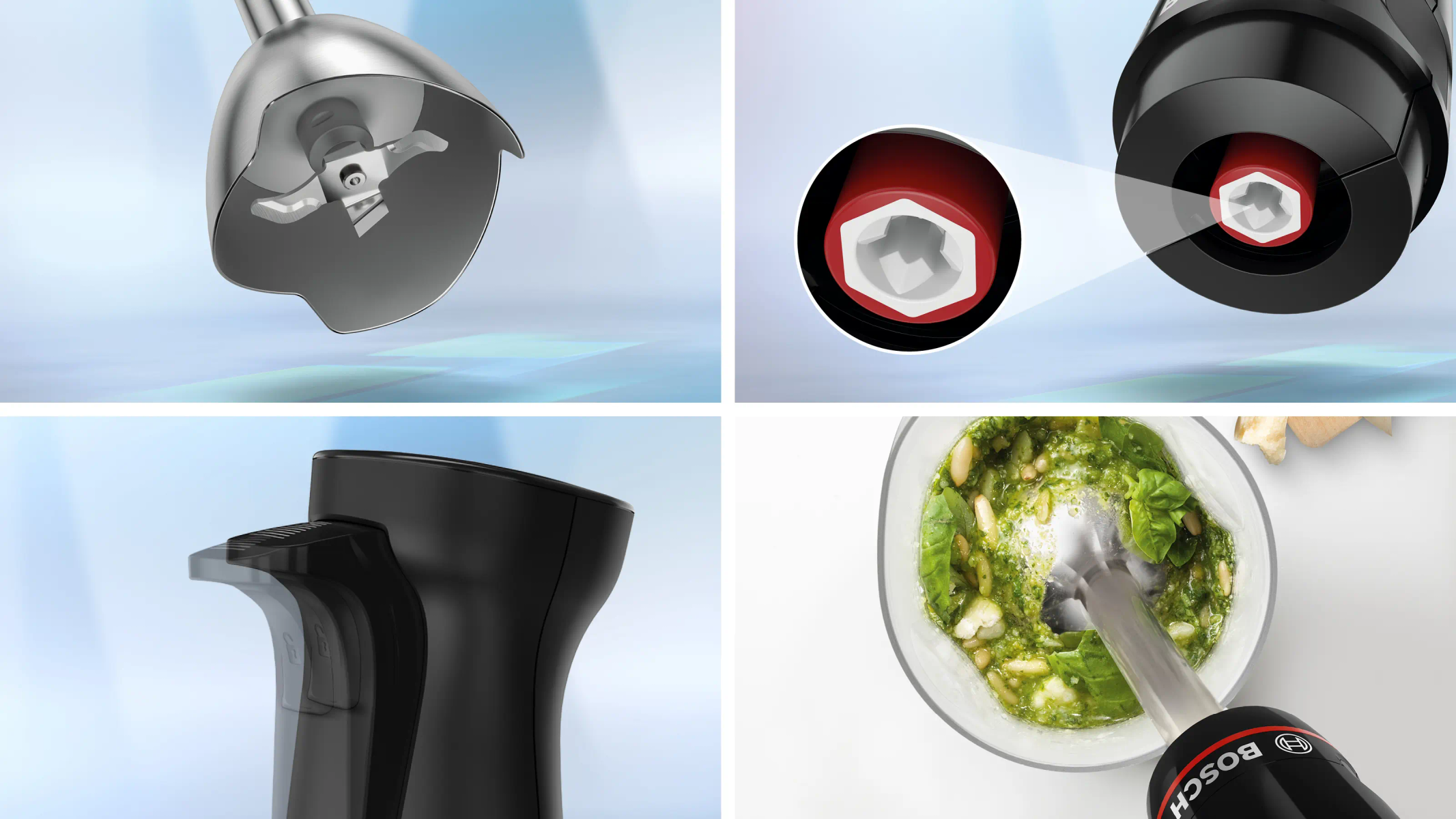 Ein Handmixer mit Edelstahlklingen, einer roten Steckverbindung, ergonomischem Griff und Einsatz beim Pürieren.