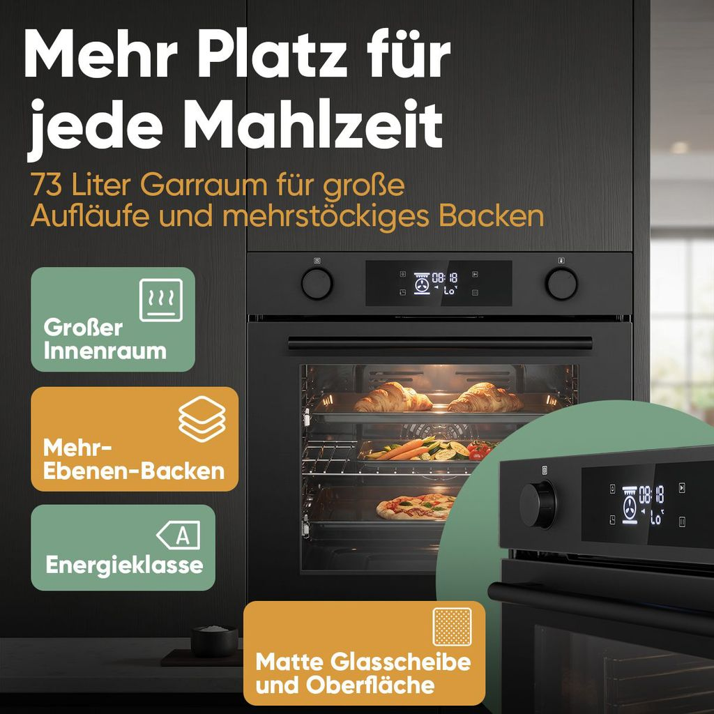 Moderner schwarzer Einbauofen mit Lebensmitteln im Innenraum und deutscher Werbetext.