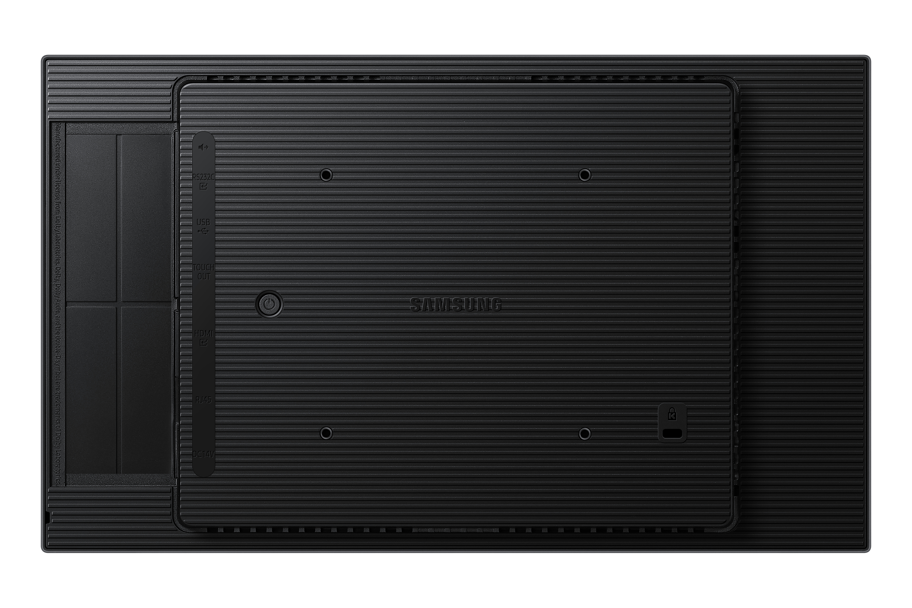 Retro di un monitor nero Samsung con design scanalato, porte a sinistra e fori di montaggio VESA.