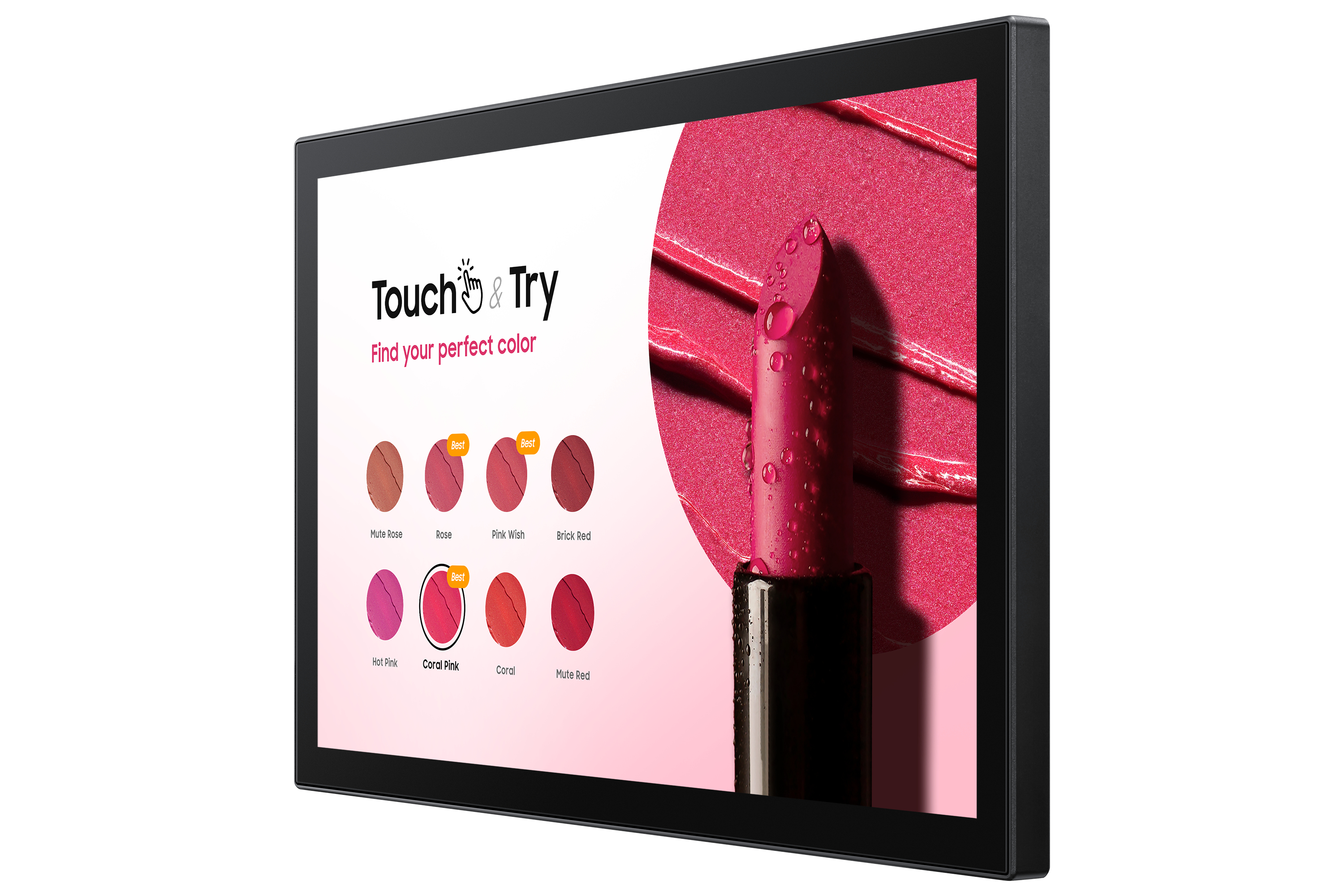 Un touchscreen digitale mostra una tabella dei colori dei rossetti con opzioni come Coral Pink e Mute Rose.