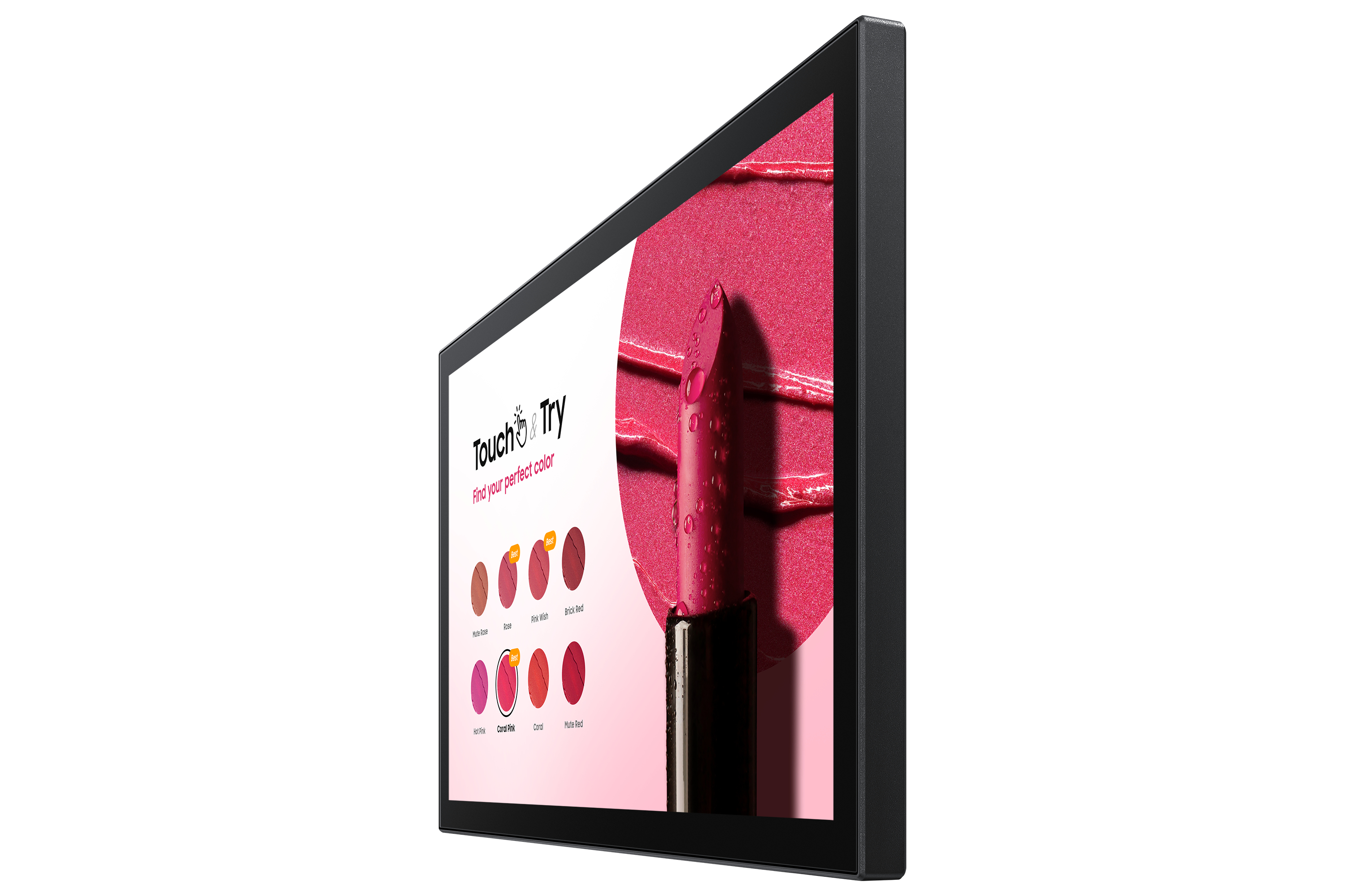Un touchscreen nero mostra opzioni di trucco con rossetto.