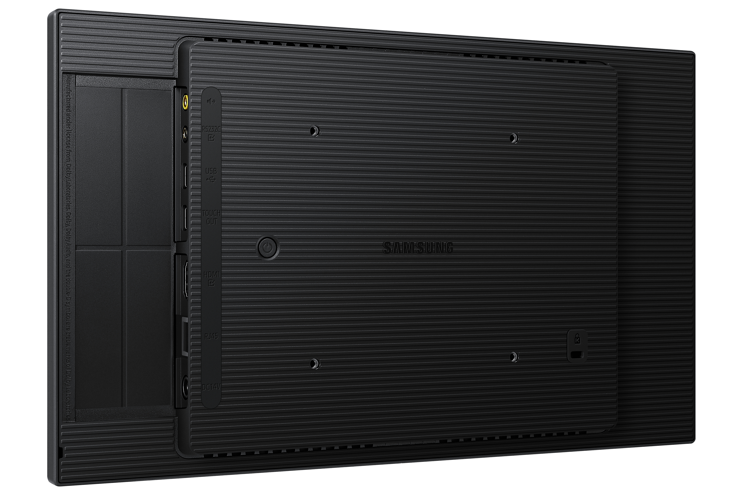 Il retro di un monitor Samsung nero con design a coste e varie porte allineate sul lato sinistro.