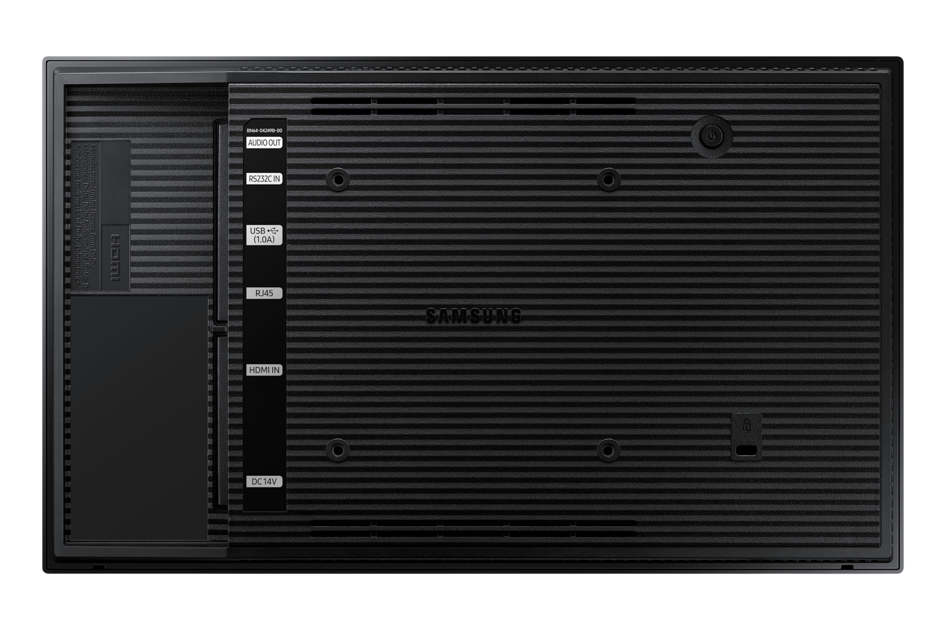Vista posteriore di un monitor Samsung nero con varie porte e superficie scanalata.