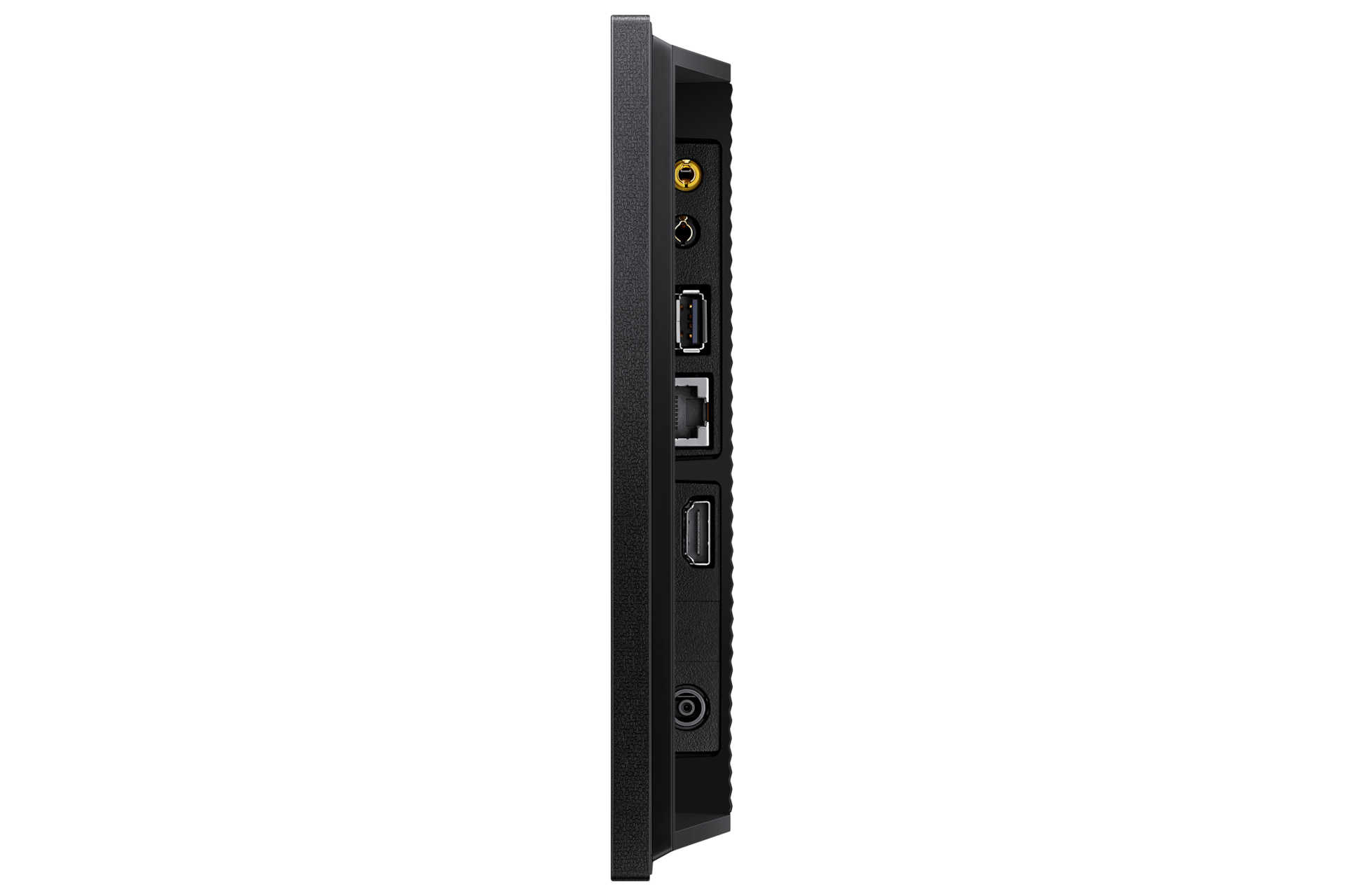 Vista laterale di un dispositivo elettronico nero con varie porte di connessione.