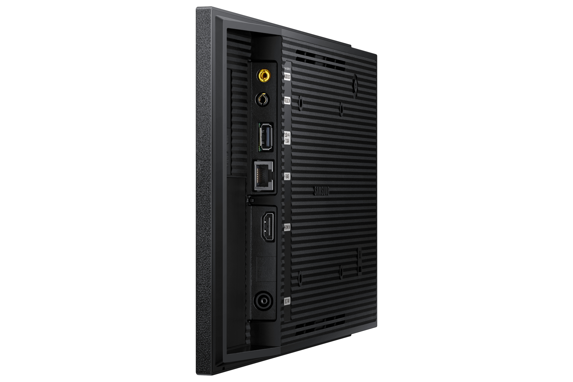 Vista posteriore di un dispositivo elettronico nero che mostra varie porte su un lato.