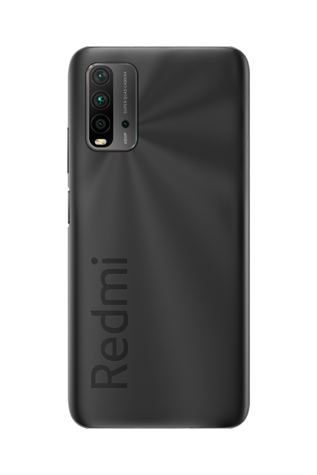 Dokulu yüzeye, dörtlü kamera modülüne ve dikey Redmi logosuna sahip siyah bir Redmi akıllı telefonun arkası.