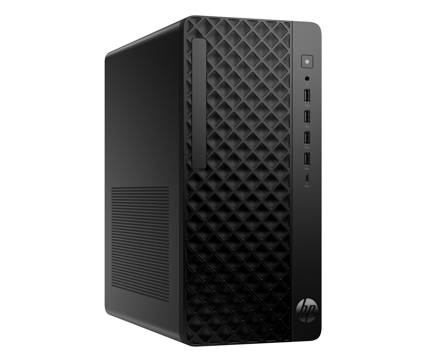 Un computer desktop HP nero con griglia frontale a rombi e diverse porte USB.
