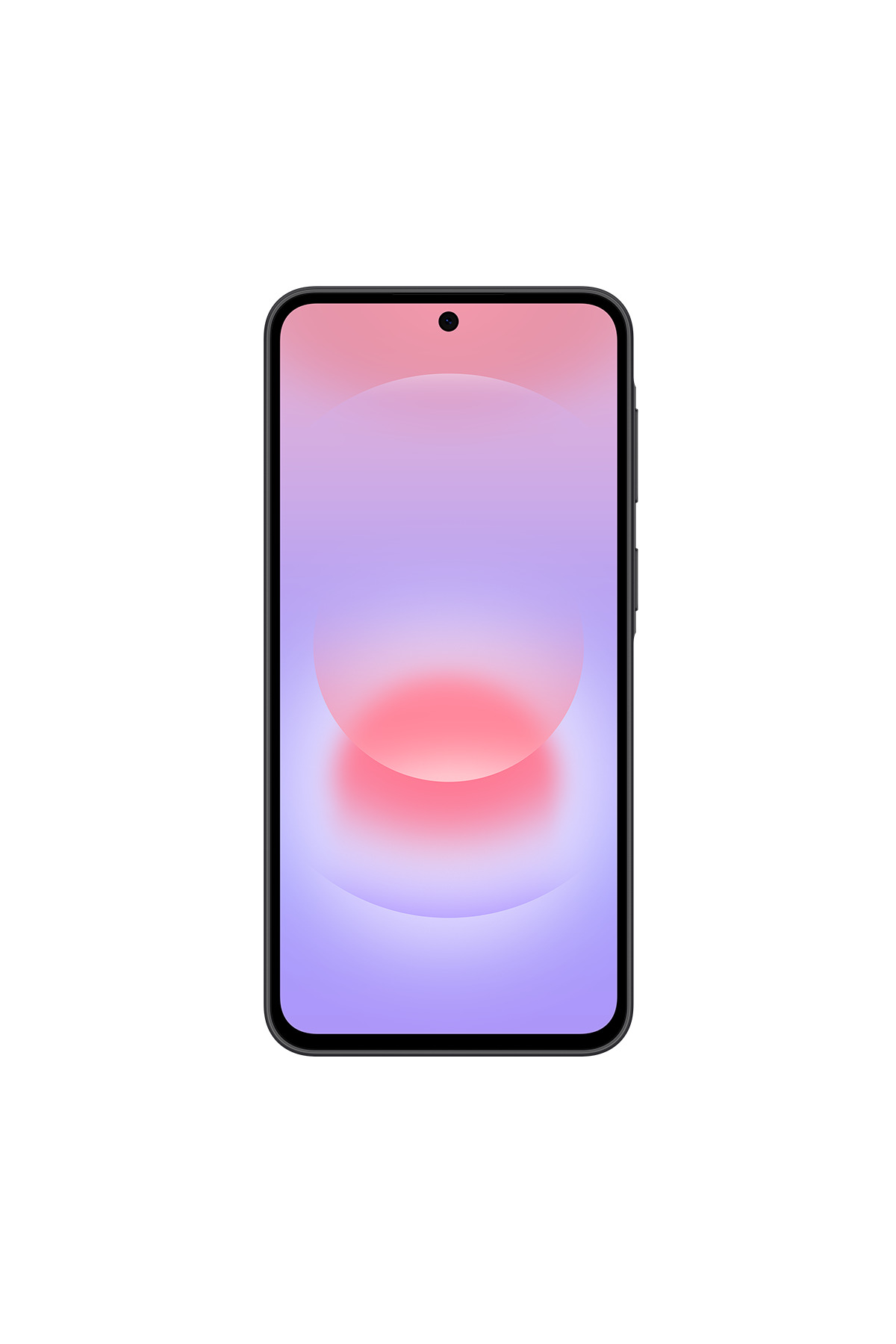 Mor ve pembe geçişli duvar kağıdı gösteren ekrana sahip siyah bir akıllı telefon, beyaz arka plan üzerinde.