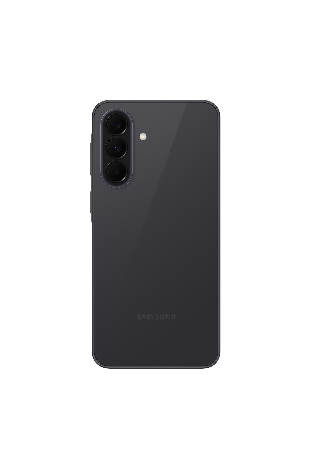 Dikey olarak hizalanmış üç kameralı ve flaşlı koyu renkli bir Samsung akıllı telefonun arkası.