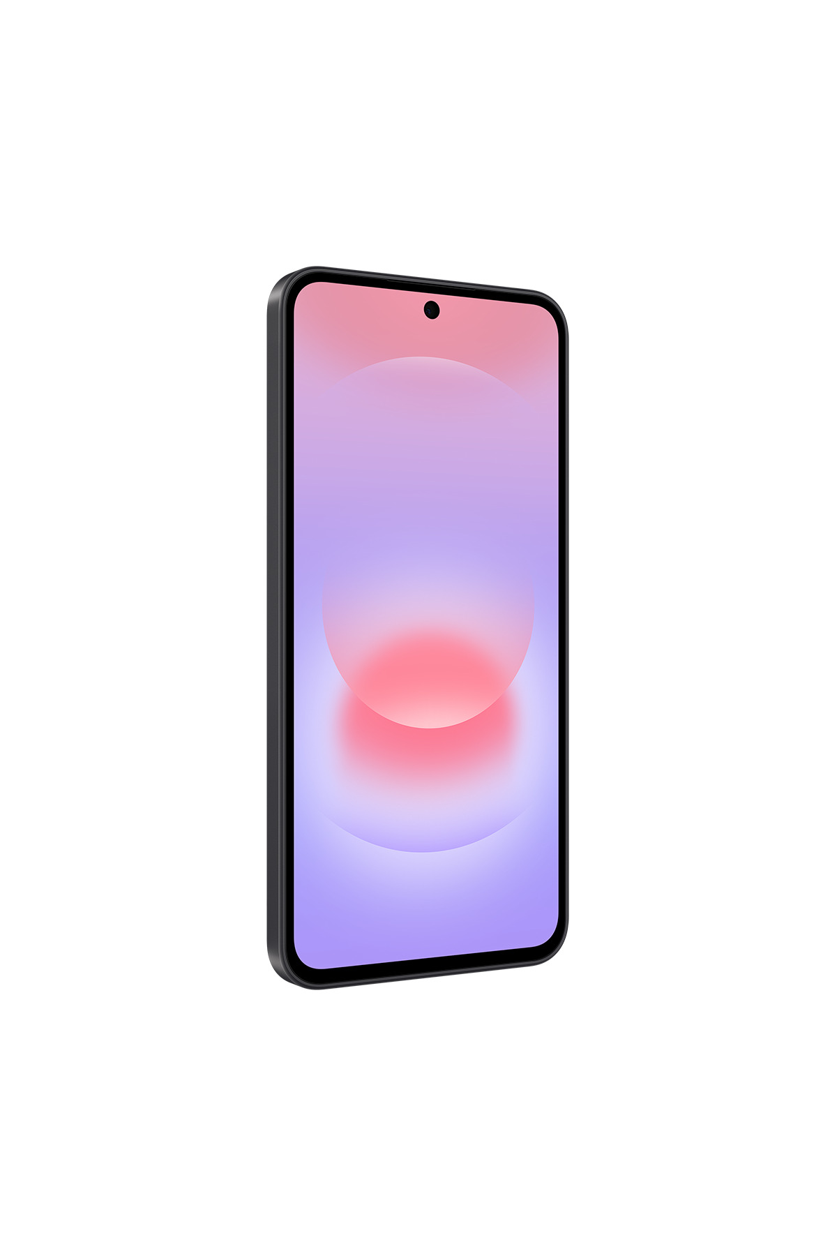 Beyaz arka planda hafif eğimli, pembe ve mor tonlarında geçişli duvar kağıdına sahip siyah akıllı telefon.