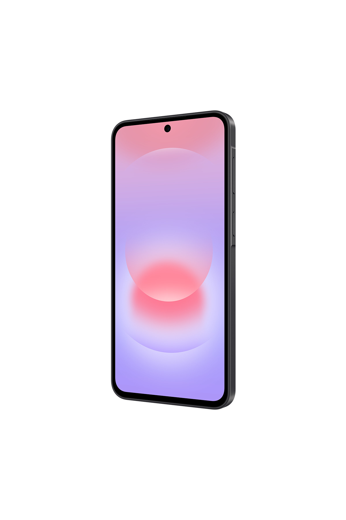 Ekranında pembe ve mor duvar kağıdı olan, yuvarlatılmış köşeli siyah bir akıllı telefon.