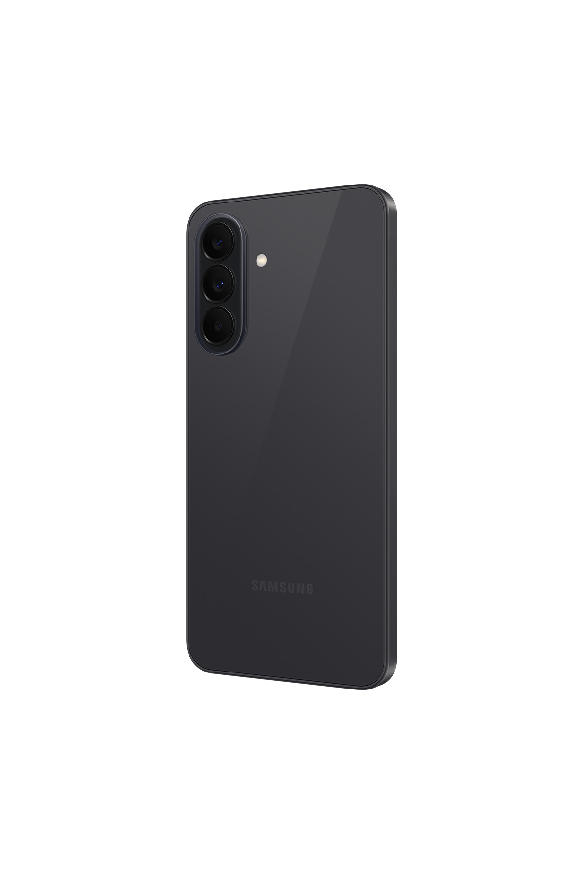 Dikey olarak hizalanmış üç kamera lensine ve Samsung logosuna sahip koyu renkli bir Samsung akıllı telefonun arkası.