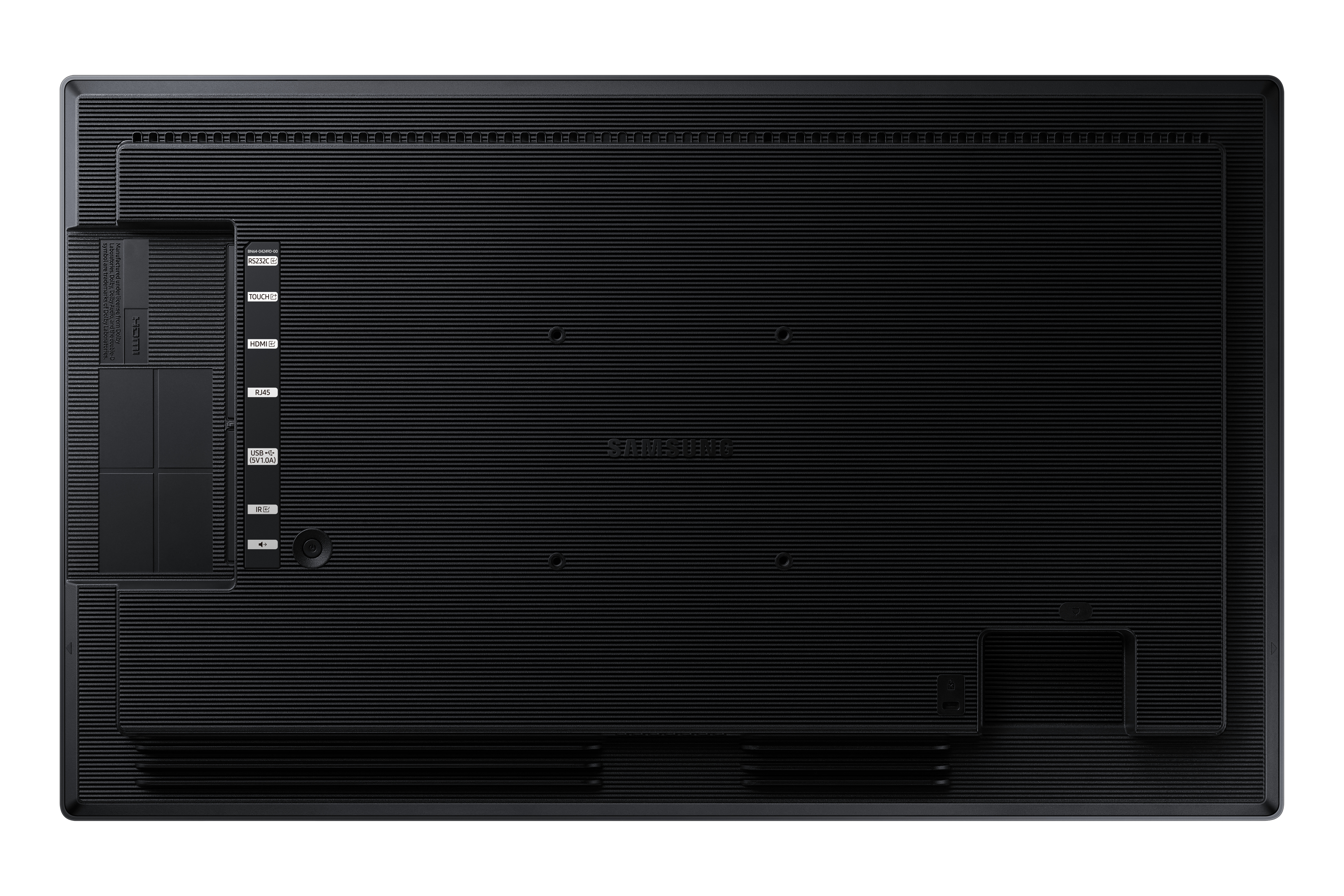 Retro di un monitor nero con trama a coste, logo Samsung al centro e porte sul lato sinistro.
