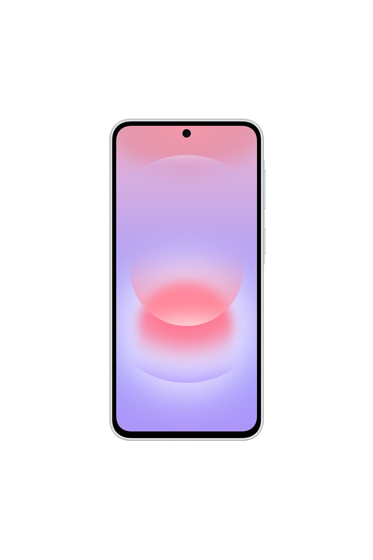 Yumuşak pembe ve mor parlayan soyut duvar kağıdına sahip beyaz bir akıllı telefon.