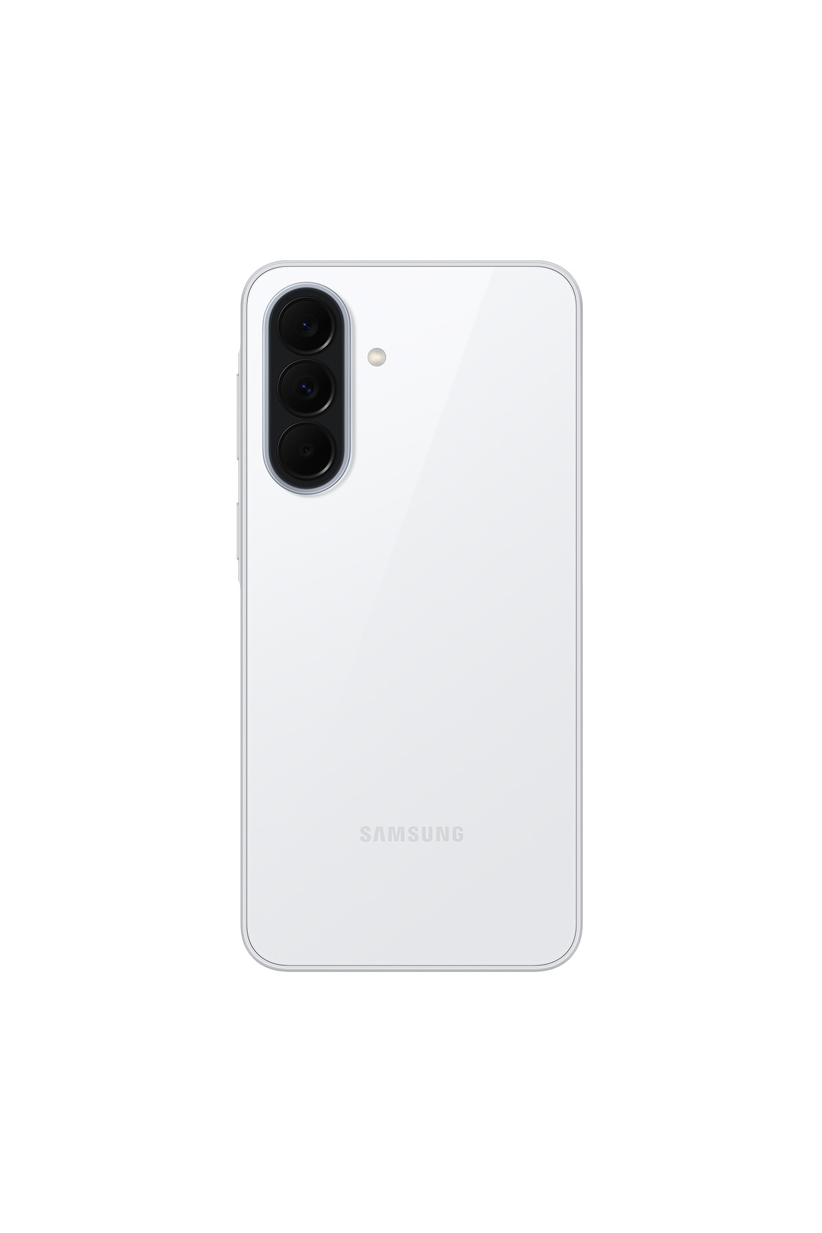 Dikey üçlü kameralı ve marka logolu beyaz bir Samsung akıllı telefonun arkası.