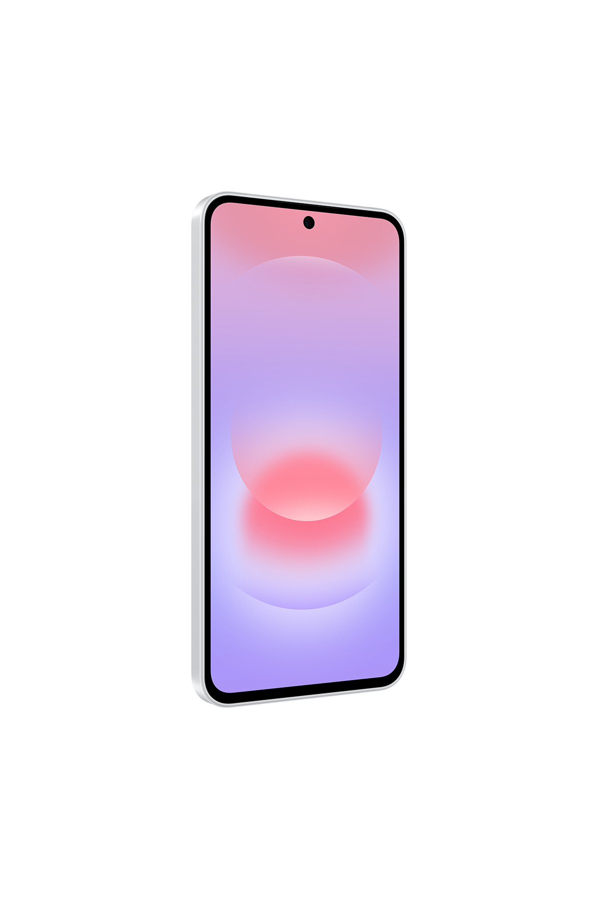 Beyaz arkaplanda mor ve pembe geçişli ekrana sahip beyaz bir akıllı telefon.