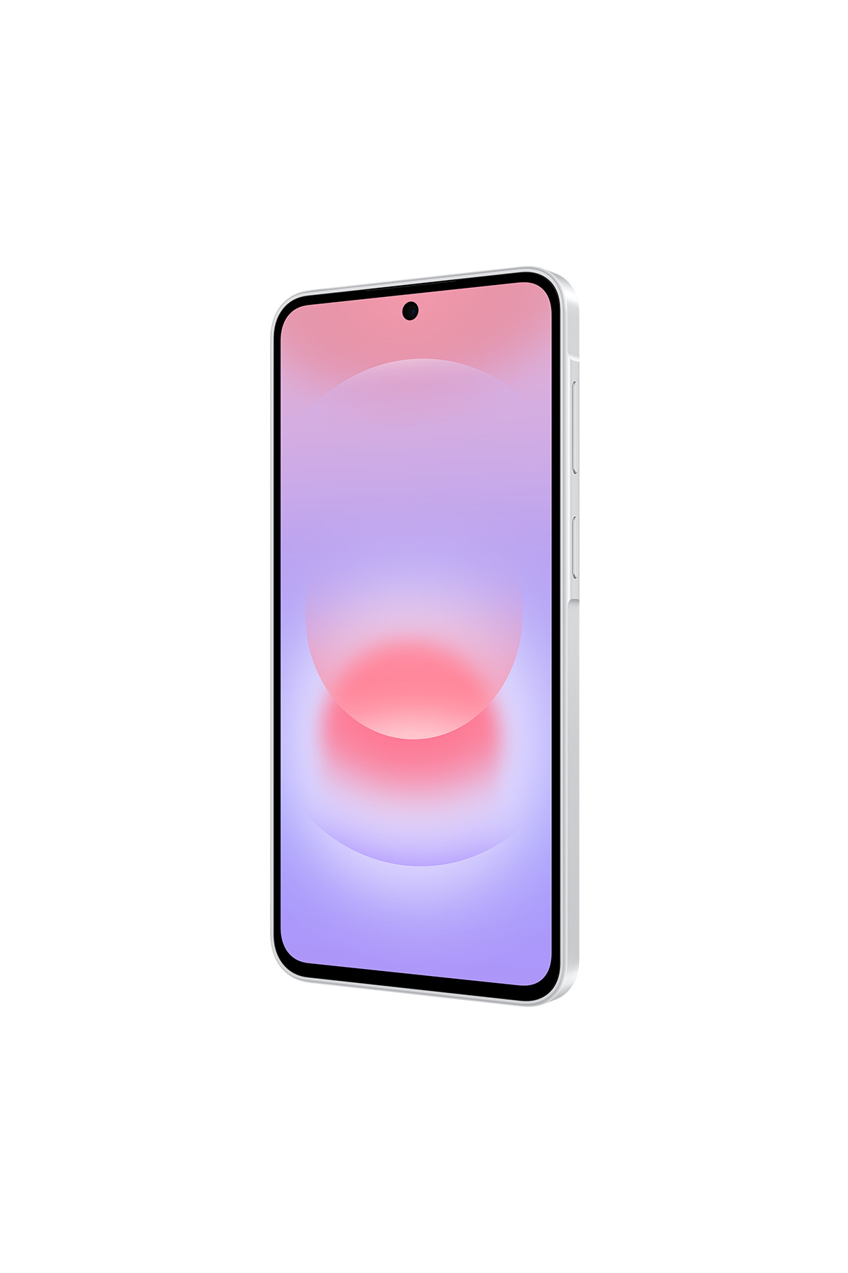 Ekranında pembe ve mor soyut arka plan olan beyaz bir akıllı telefon.