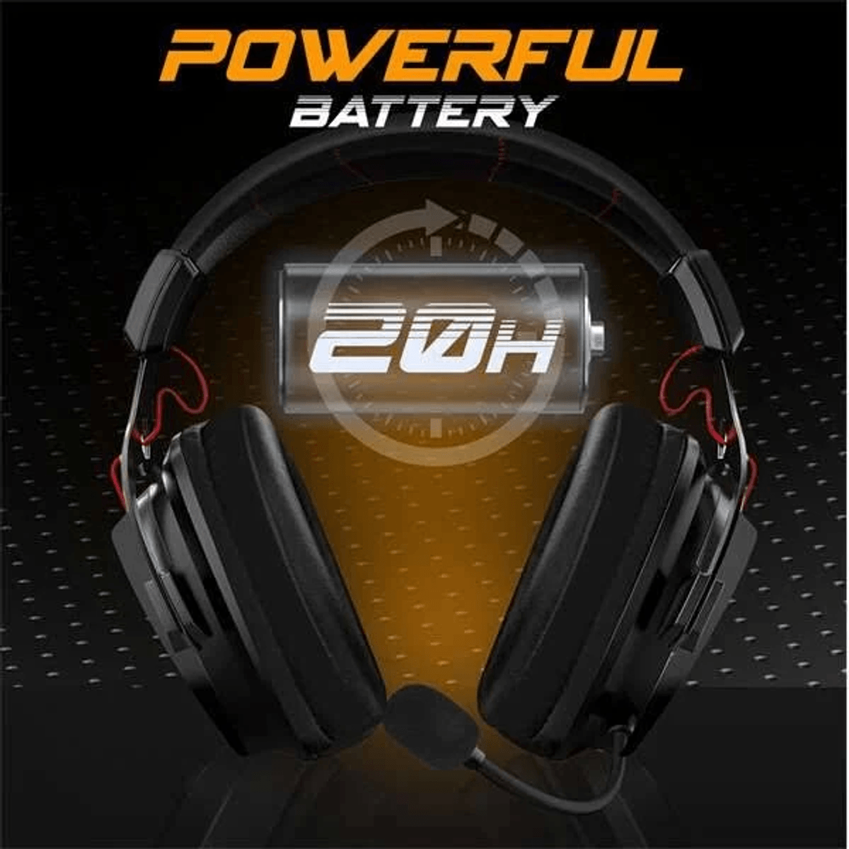 Cuffie da gioco nere con microfono su sfondo scuro con la scritta Powerful Battery 20h.