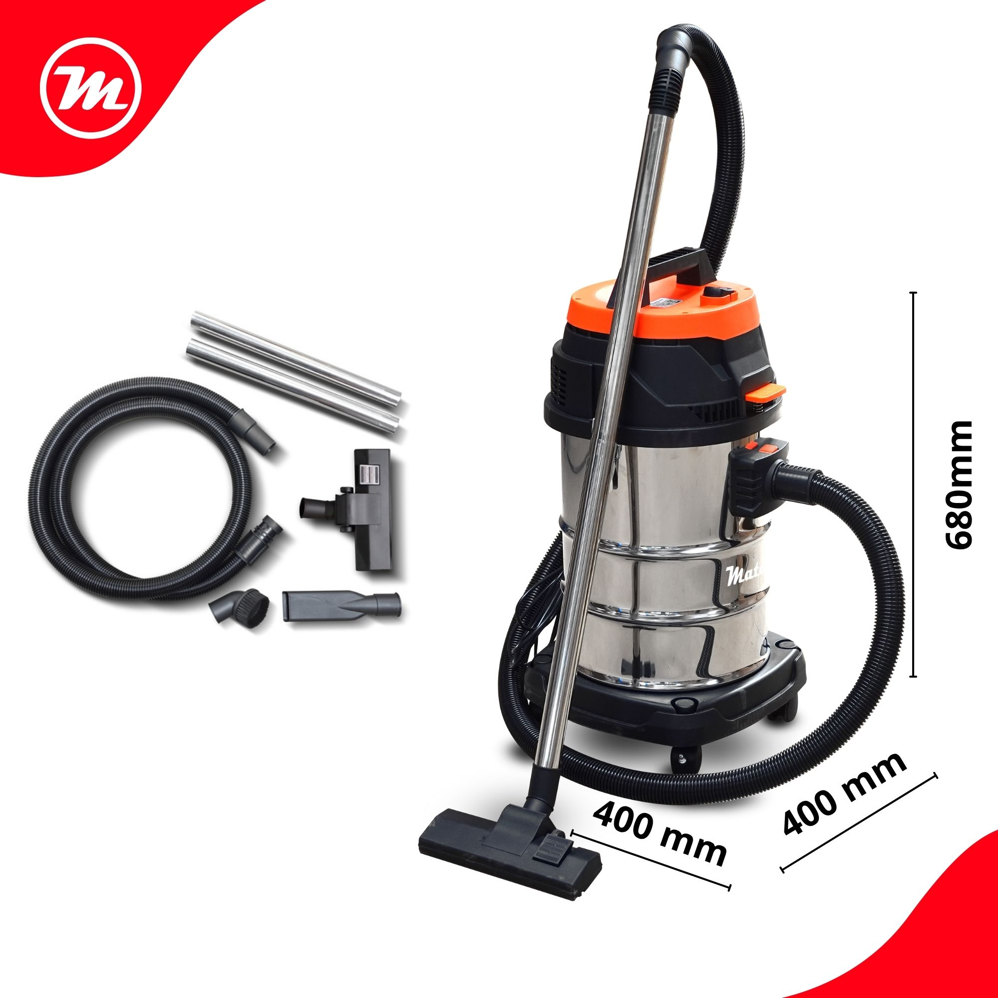 Aspirador industrial de acero inoxidable con parte superior naranja y negra, mangueras y accesorios.