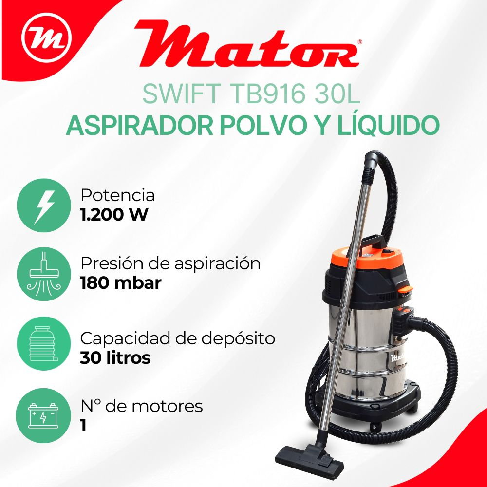 Aspirador en seco y húmedo Mator SWIFT TB916 30L con características sobre fondo blanco.
