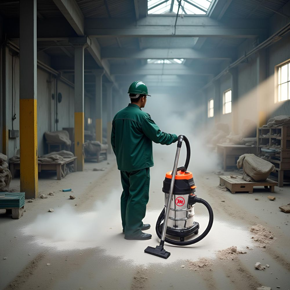 Un trabajador con overol verde y casco aspira el suelo polvoriento de un almacén con una aspiradora industrial.