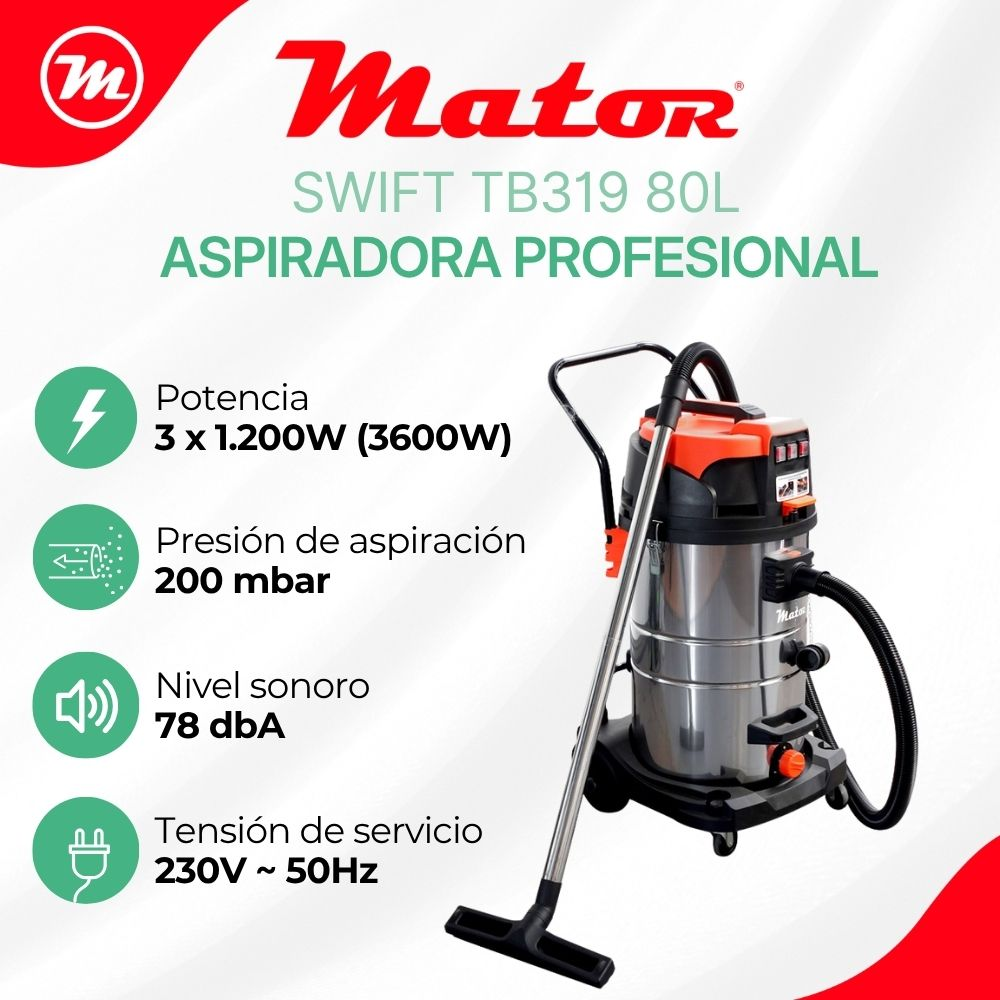 Banner de producto del aspirador profesional Mator Swift TB319 80L con especificaciones.