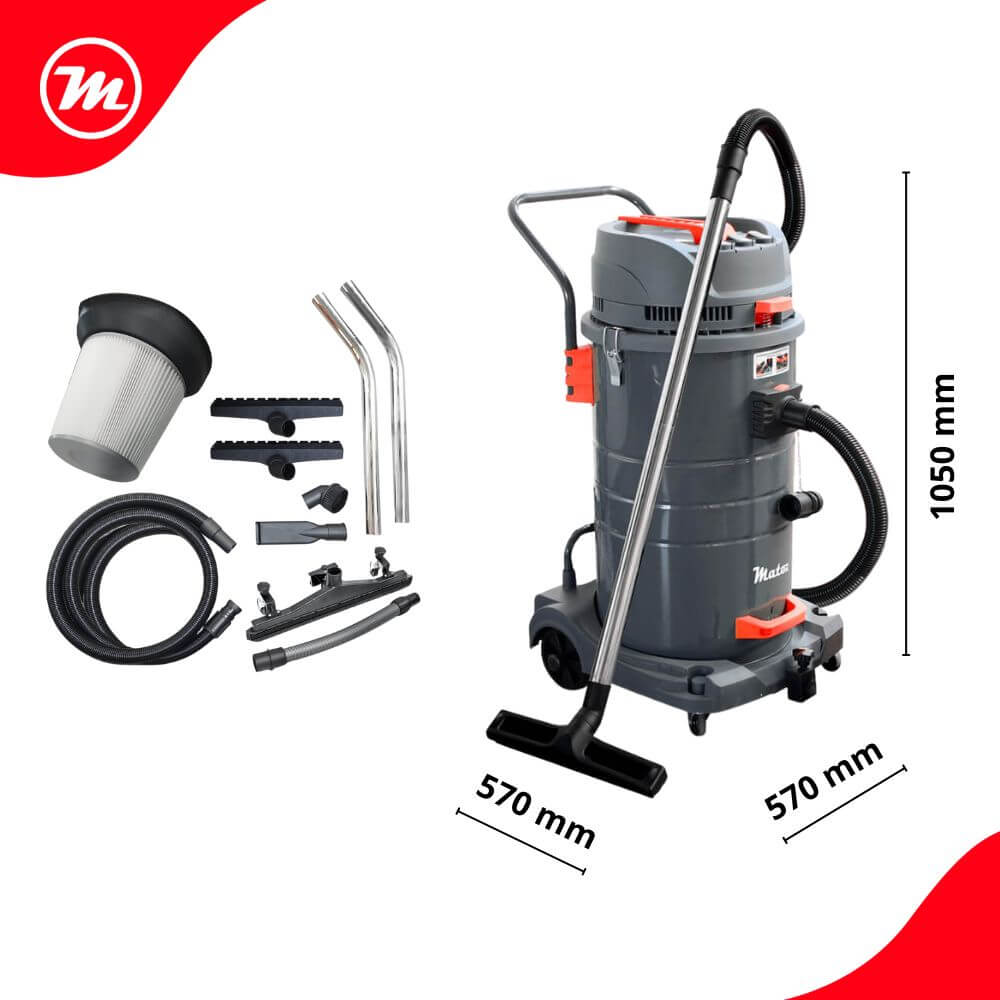 Aspiradora industrial gris con accesorios y etiquetas de dimensiones.