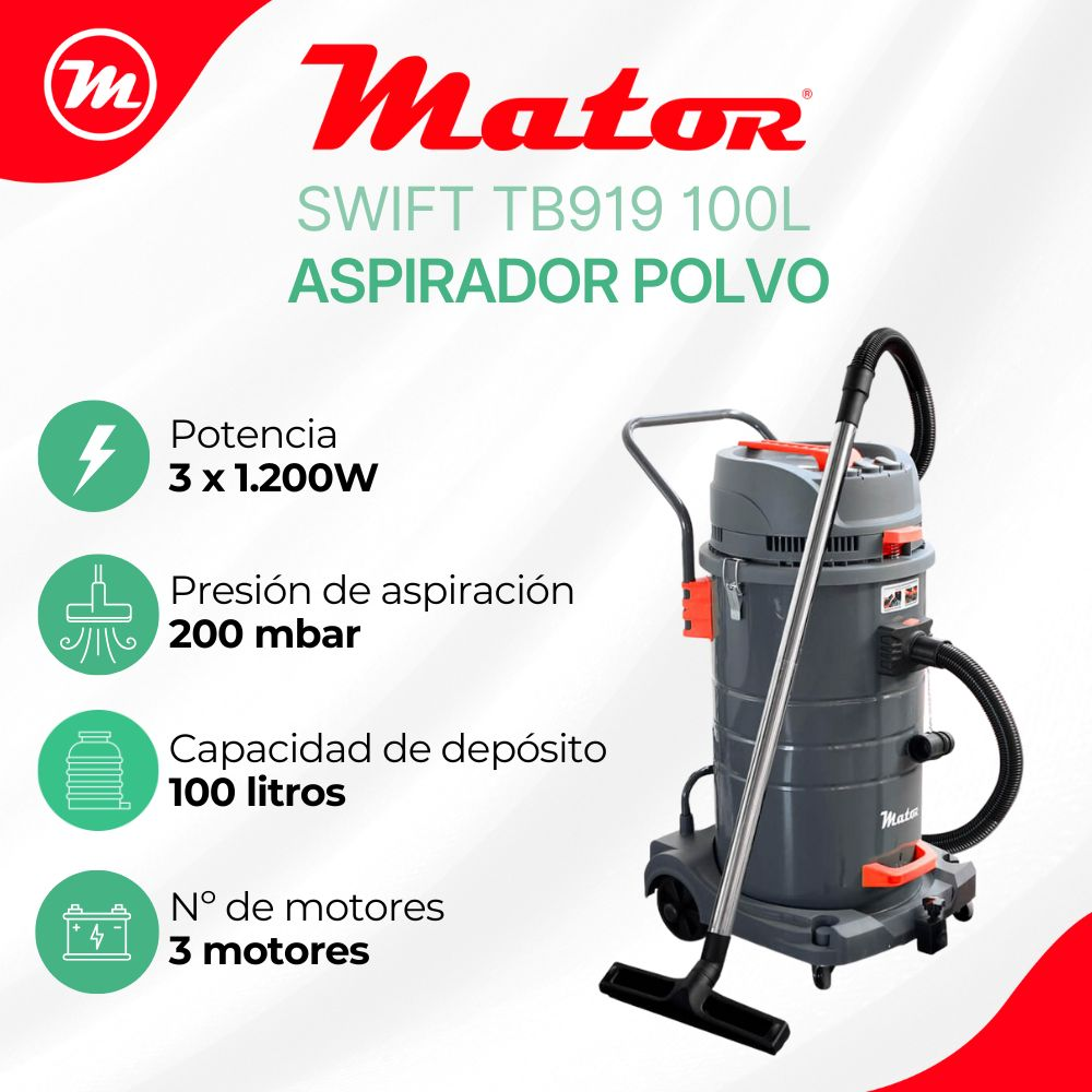 Aspirador industrial Mator Swift TB919 100L con especificaciones a la izquierda.