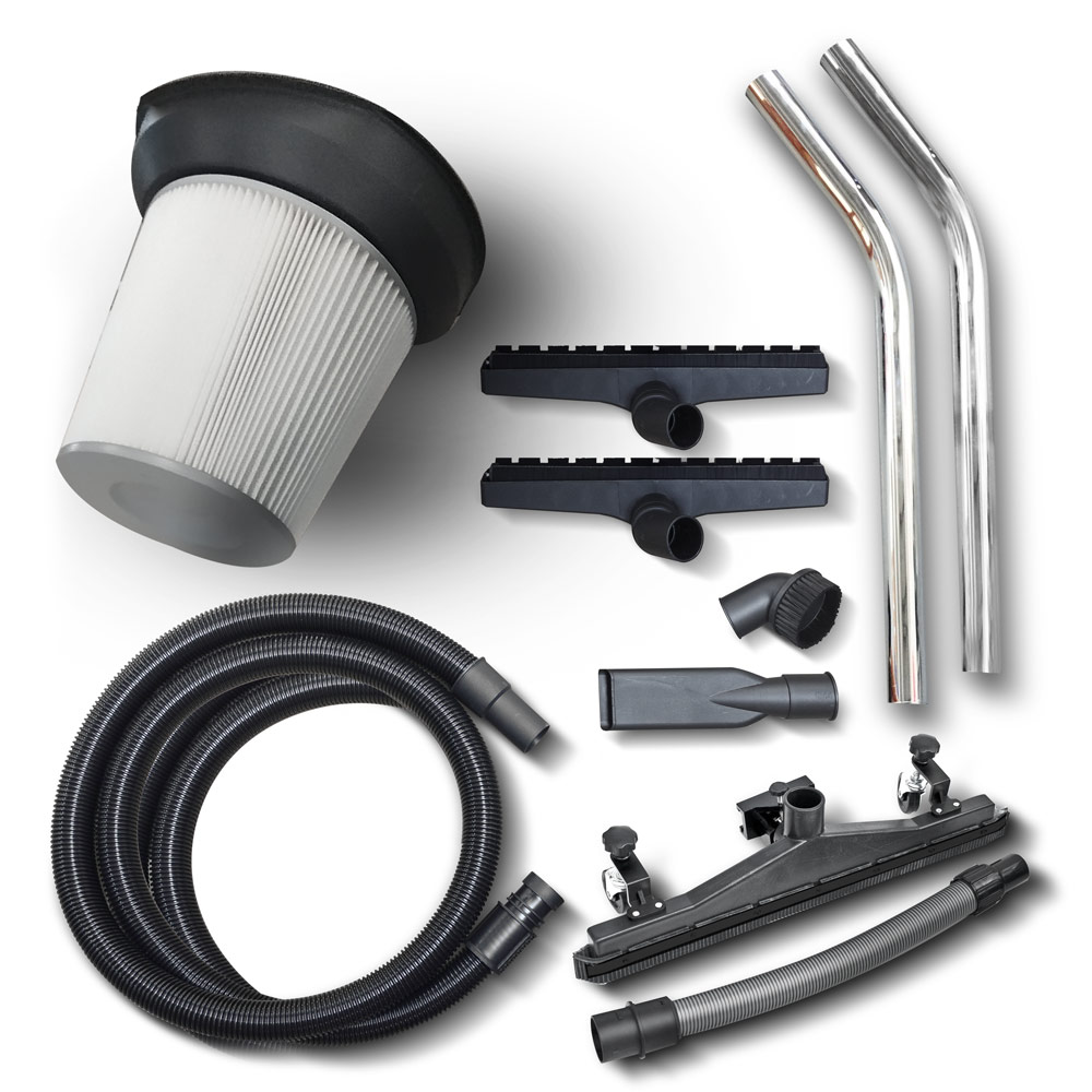 Accesorios de aspiradora que incluyen filtro, manguera, cepillos y tubos metálicos.
