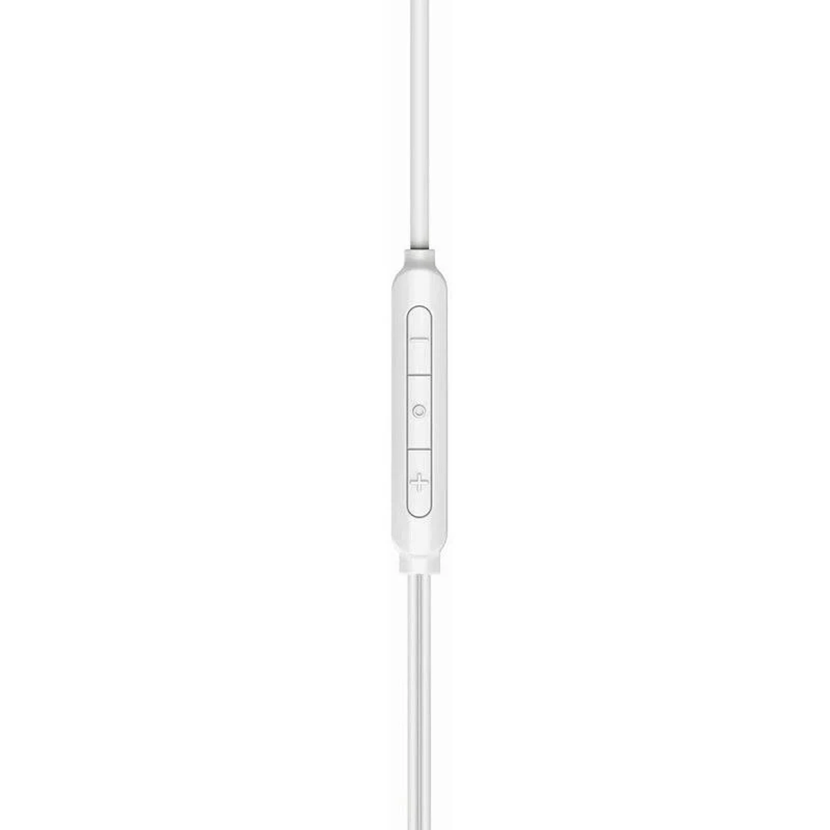 Un telecomando bianco in linea con pulsanti del volume e di riproduzione su un cavo bianco.