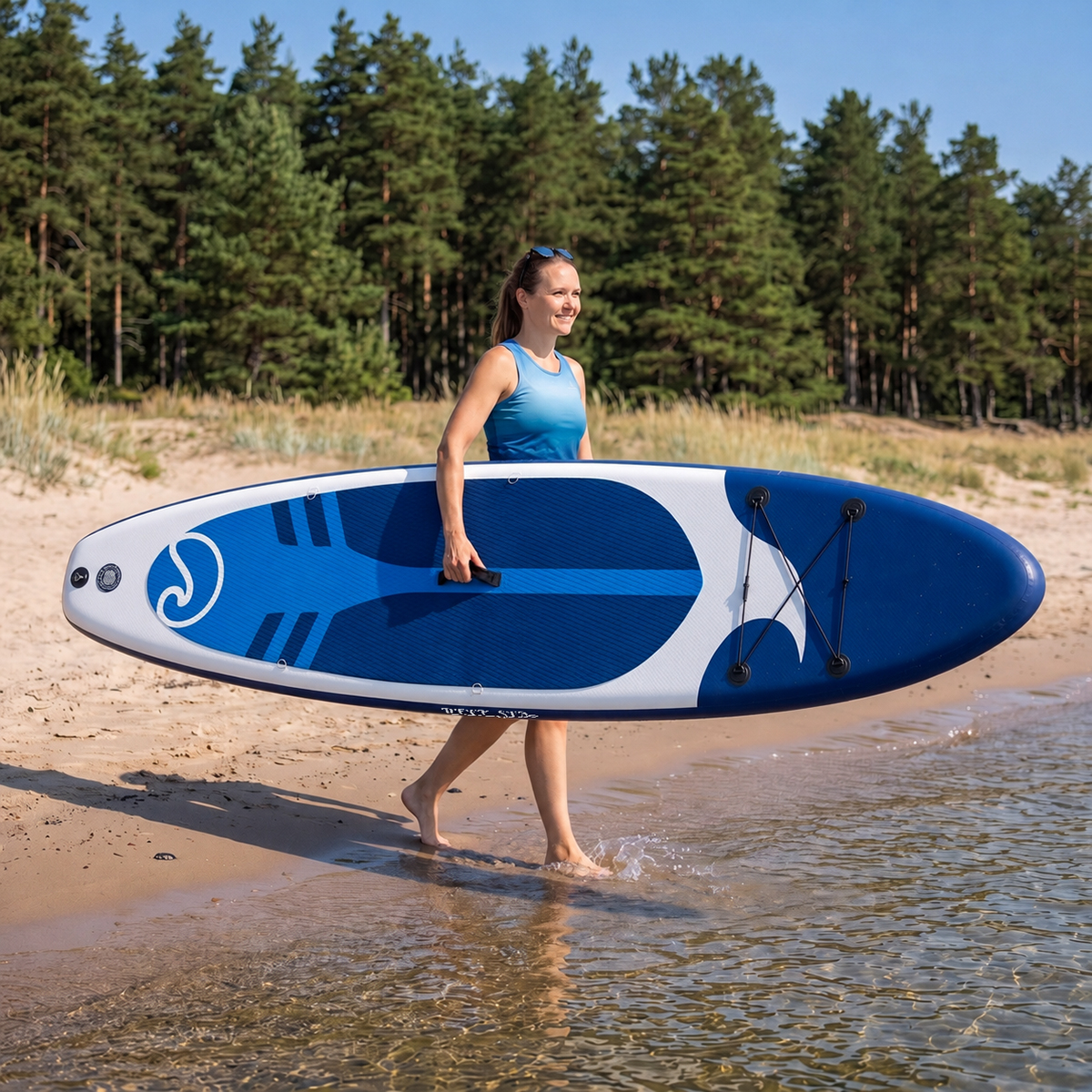 Kobieta idzie piaszczystą plażą, niesie niebieską deskę SUP, w tle gęsty las.