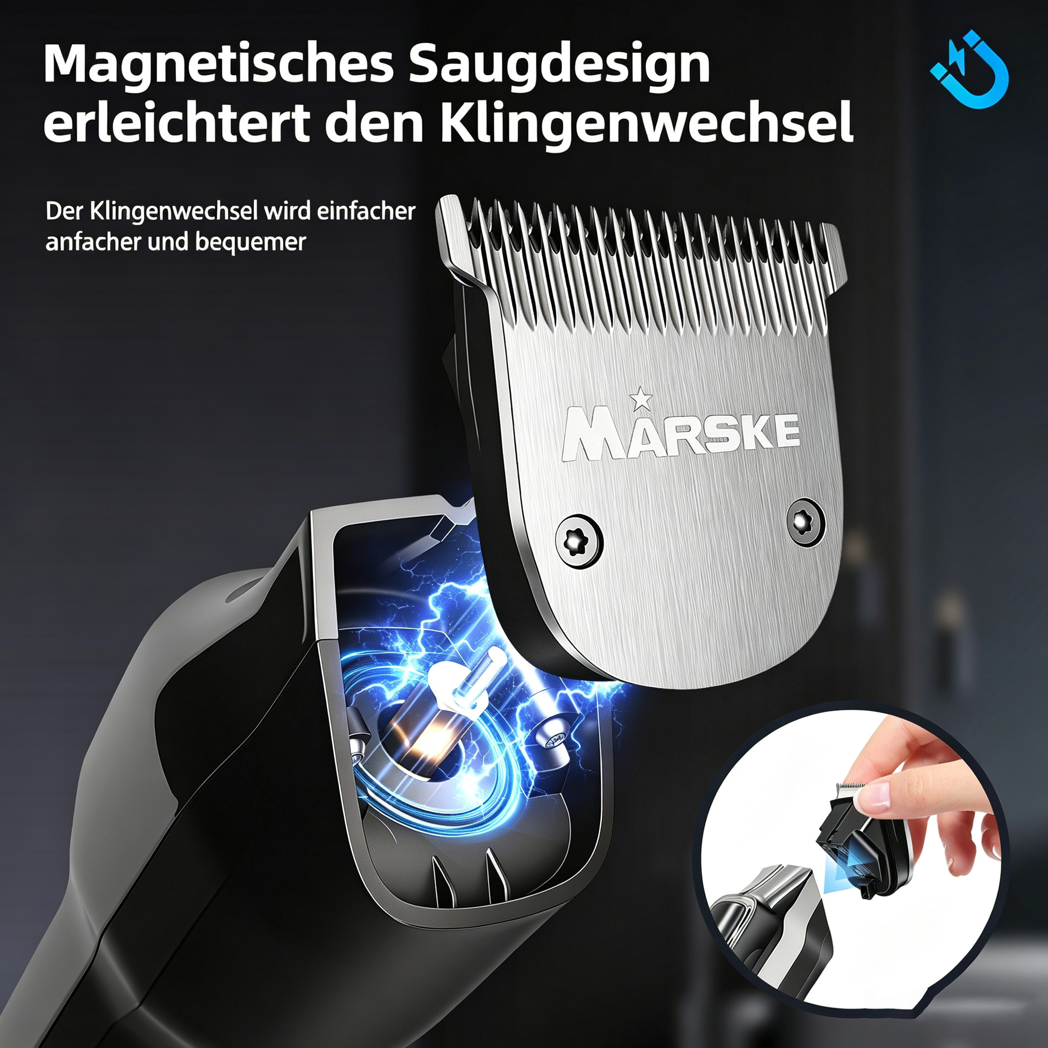 Ein Haarschneider mit magnetisch abnehmbarem Scherkopf, der elektrische Funken zeigt.