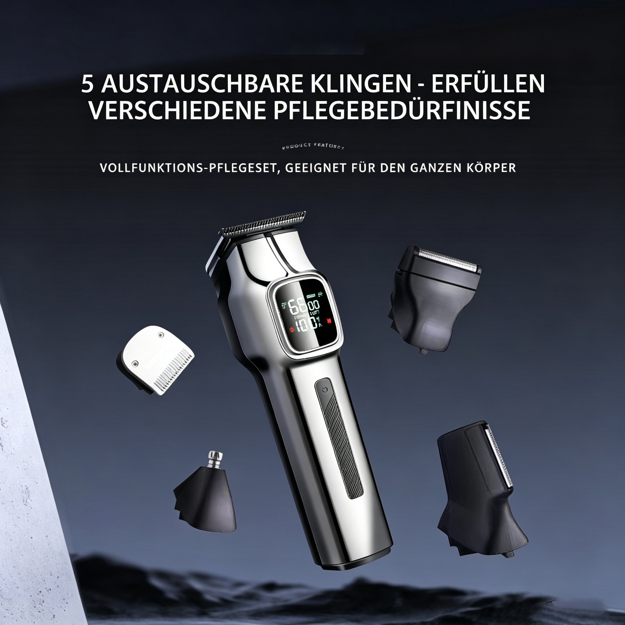 Silberner Rasierer mit vier austauschbaren Köpfen und LED-Display.