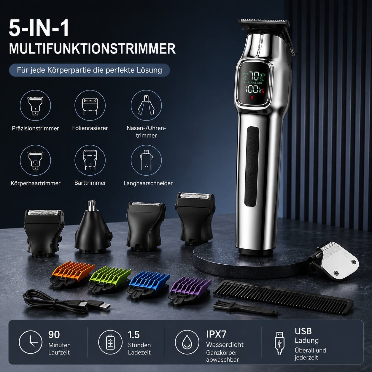 Ein silberner 5-in-1-Multifunktionstrimmer mit verschiedenen Aufsätzen, Kämmen und Ladekabel auf dunklem Tisch.