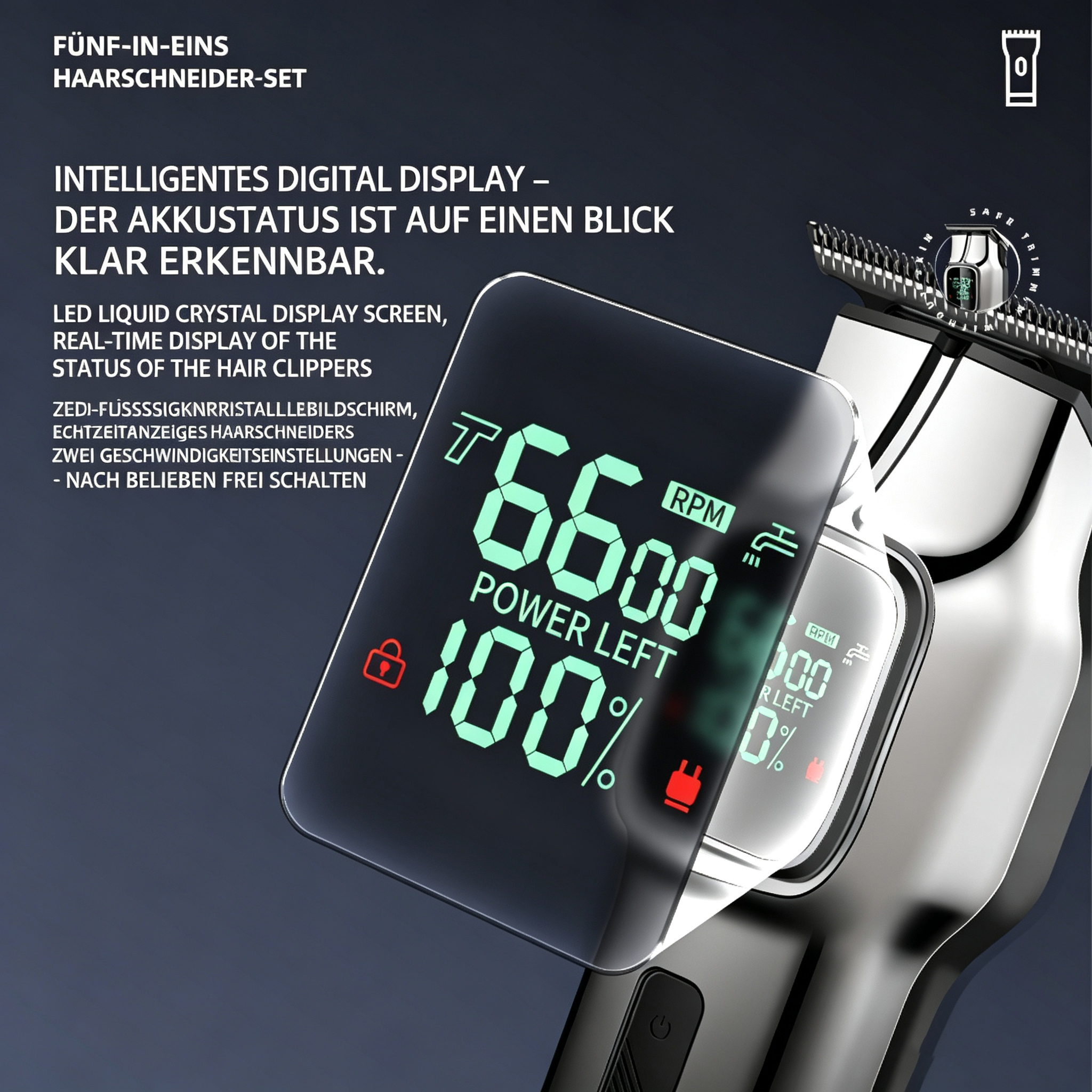Ein silberner Haarschneider mit digitaler LED-Anzeige zeigt 6600 RPM und 100% Akkustand.