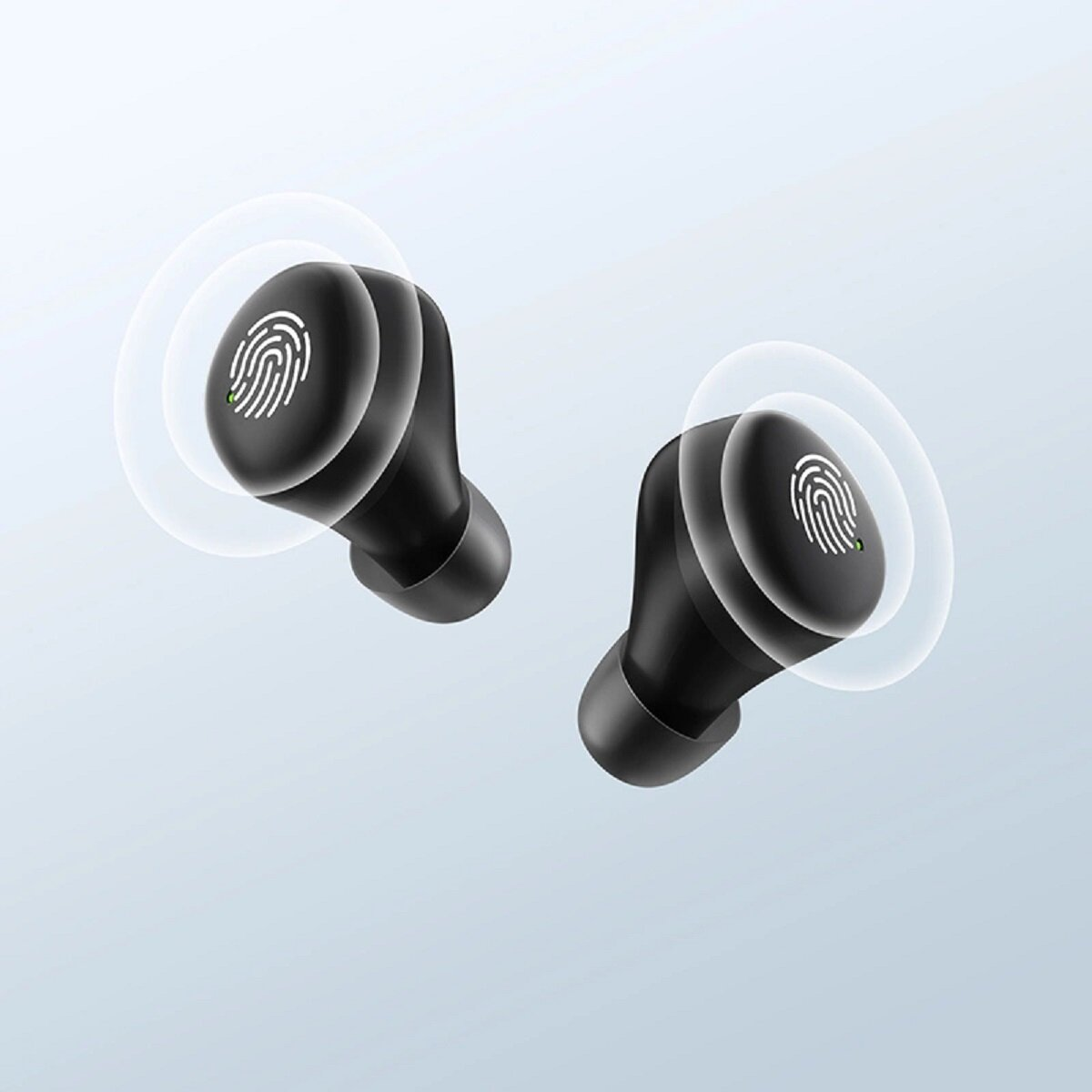 Due auricolari neri con icona di impronta digitale bianca e onde sonore su sfondo chiaro.